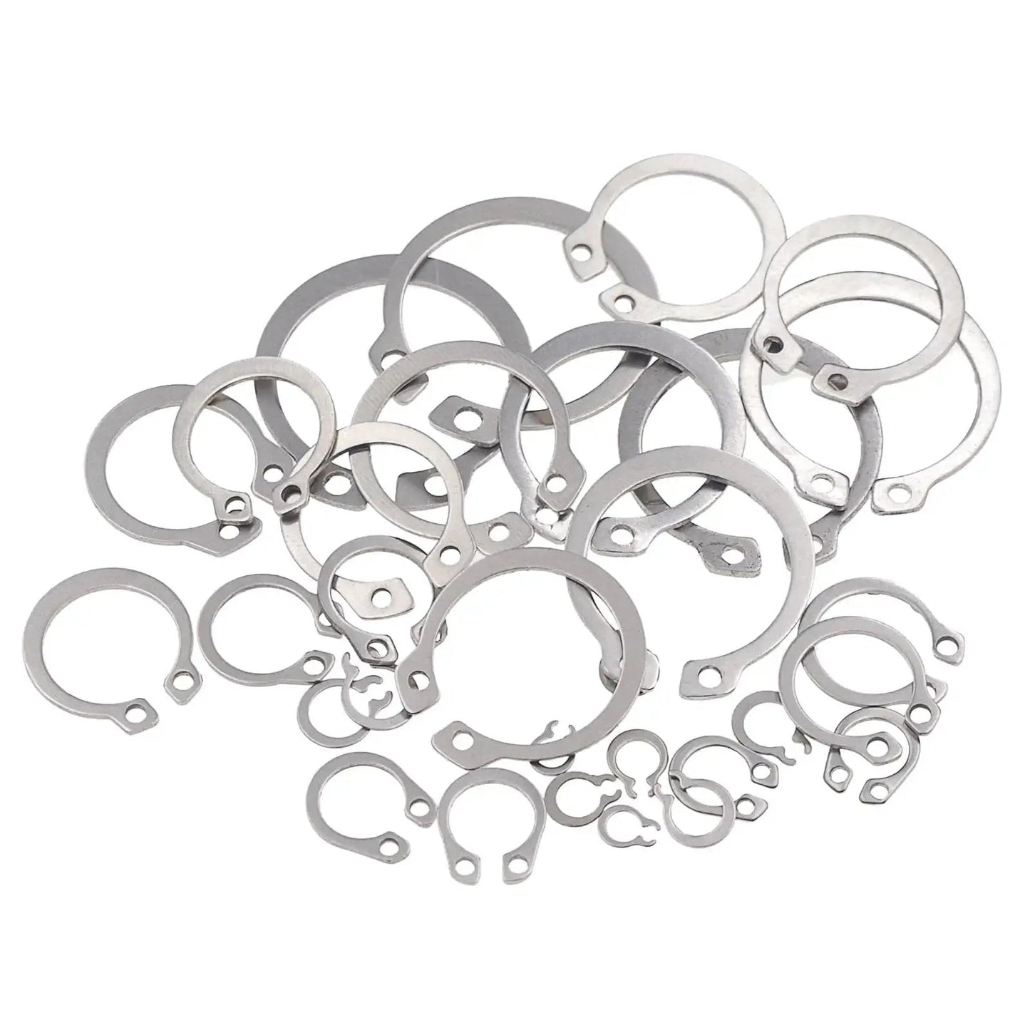 Variety of stainless steel C-clips from the 265 Piece Metric Stainless Steel C Clips External Retaining Ring Assortment Kit by HVAZI.