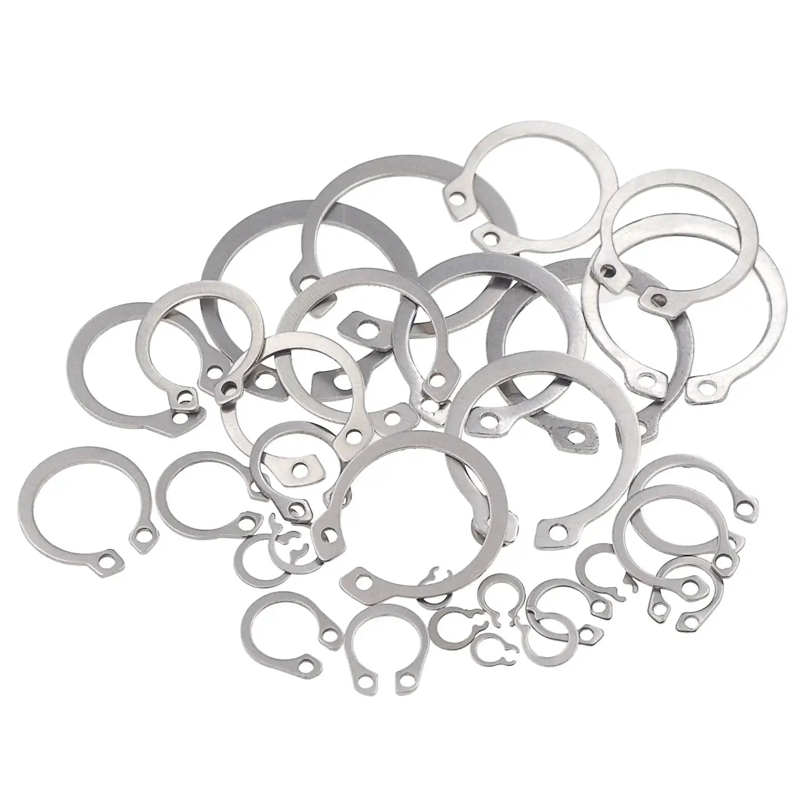 Variety of stainless steel C-clips from the 265 Piece Metric Stainless Steel C Clips External Retaining Ring Assortment Kit by HVAZI.
