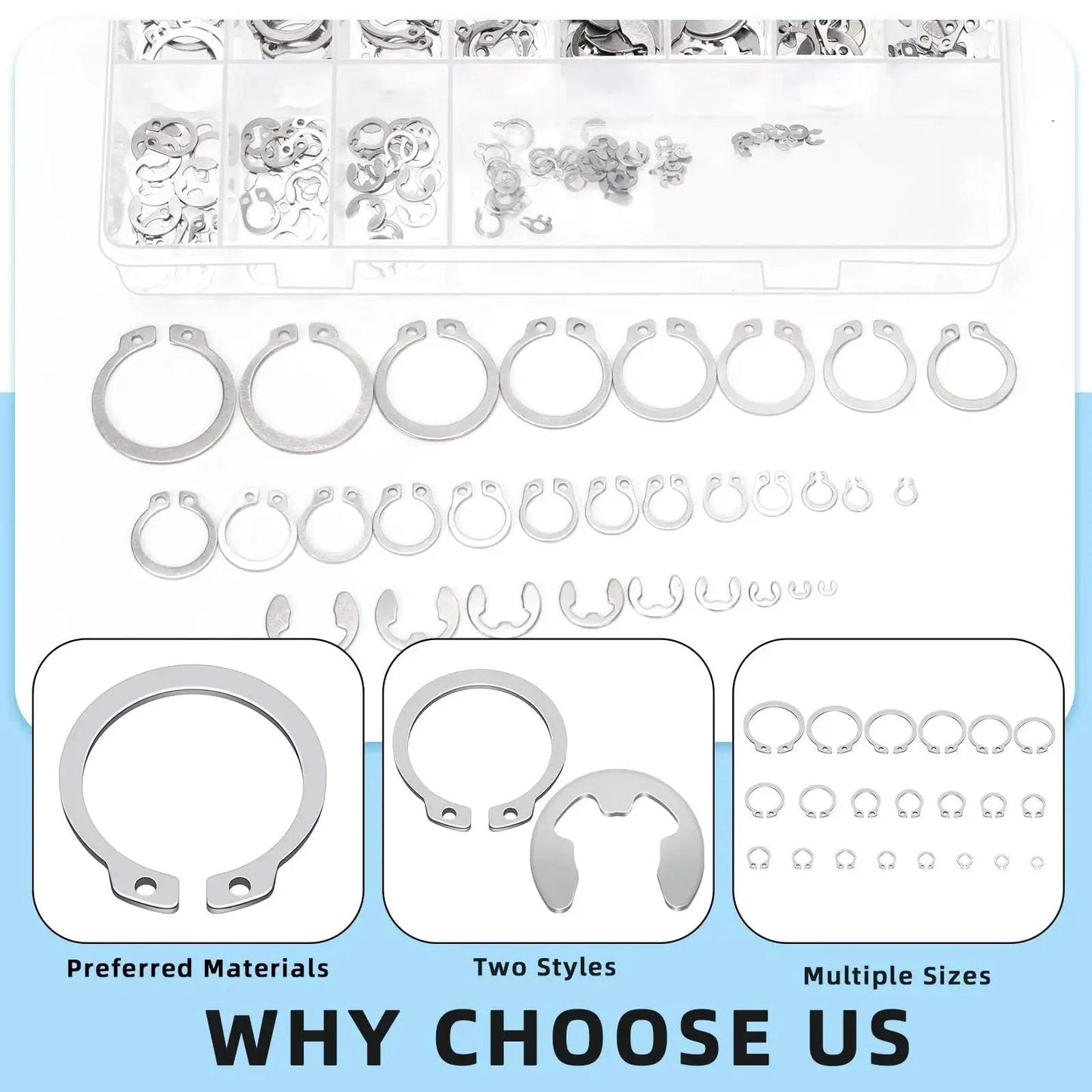 Over 300 Piece Stainless Steel C Clip And E Clip Retaining Ring Set By Glarks with organized box display and focused parts