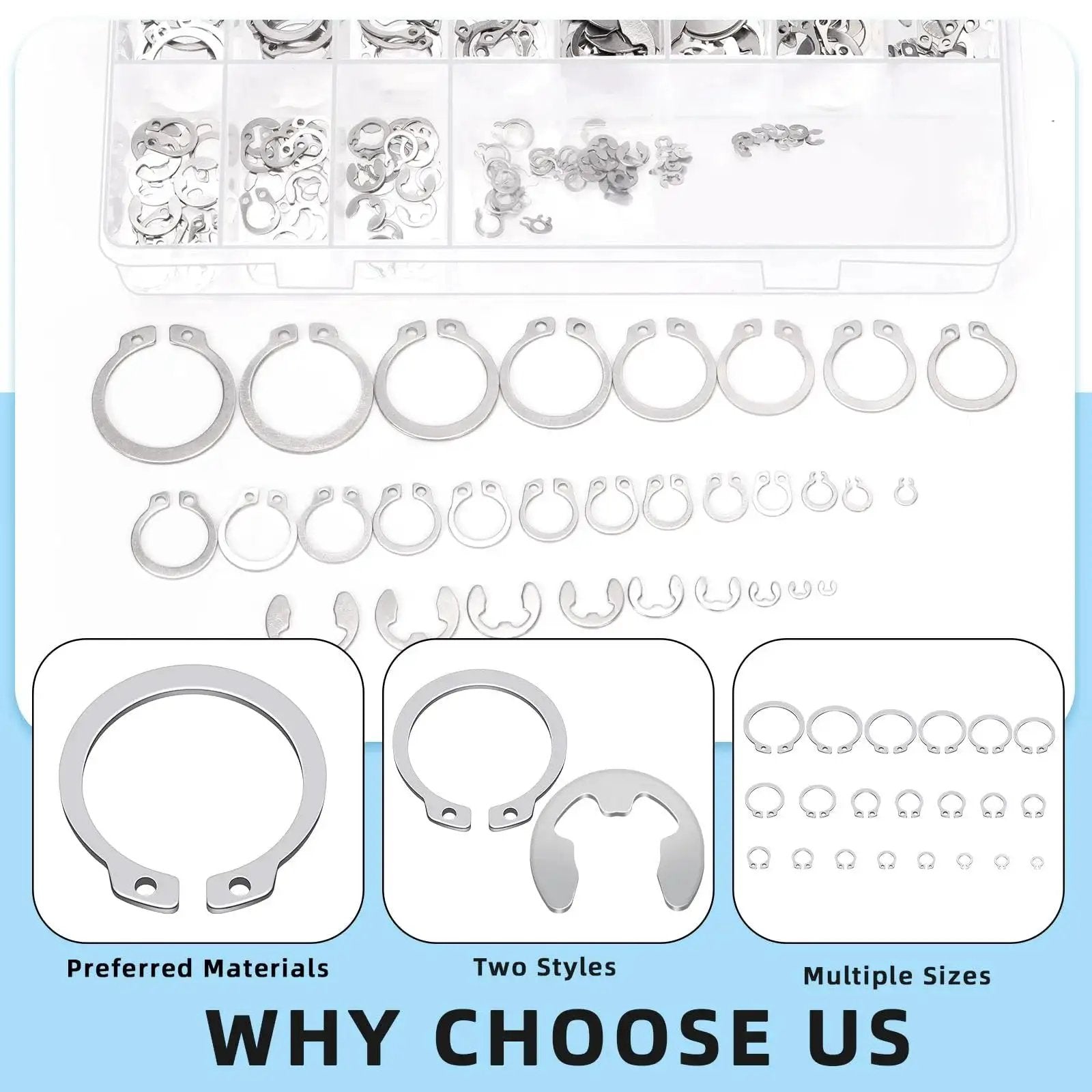 Over 300 Piece Stainless Steel C Clip And E Clip Retaining Ring Set By Glarks with organized box display and focused parts