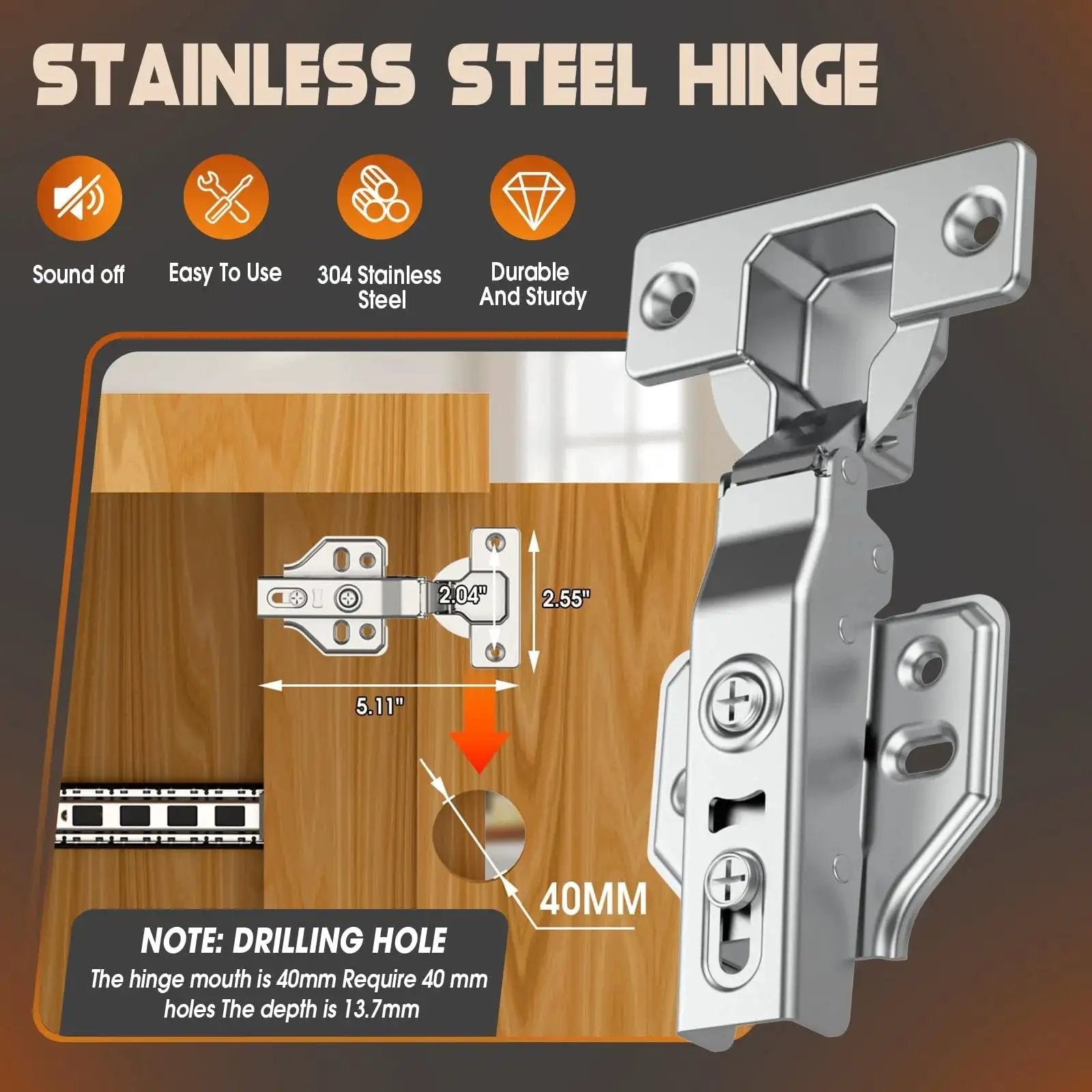 Stainless steel cabinet hinge with dimensions and drilling instructions, showing 40mm hinge mouth and installation details.
