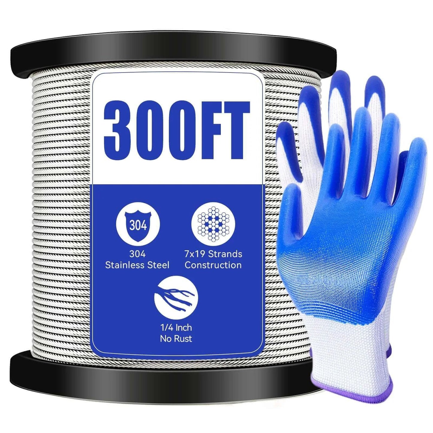 1/4" Stainless Steel Cable,7x19 Strand Aircraft Wire Rope,Cable for Heavy Duty Applications,300FT roll with gloves