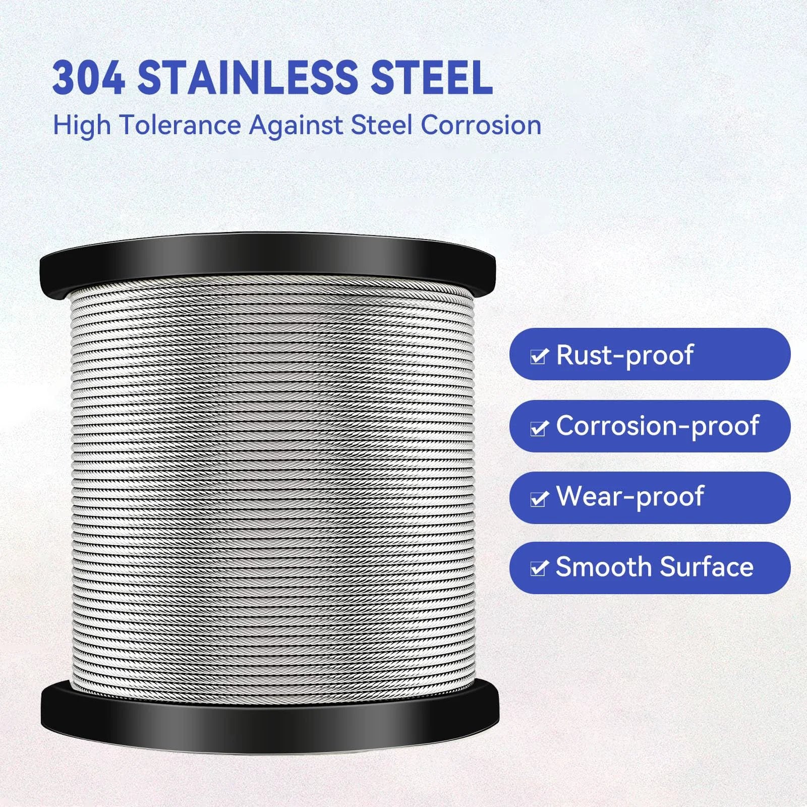 Spool of 304 stainless steel cable, 1/4 inch, 7x19 strand, for heavy duty applications, outdoor pulley cables, deck railing, 300FT