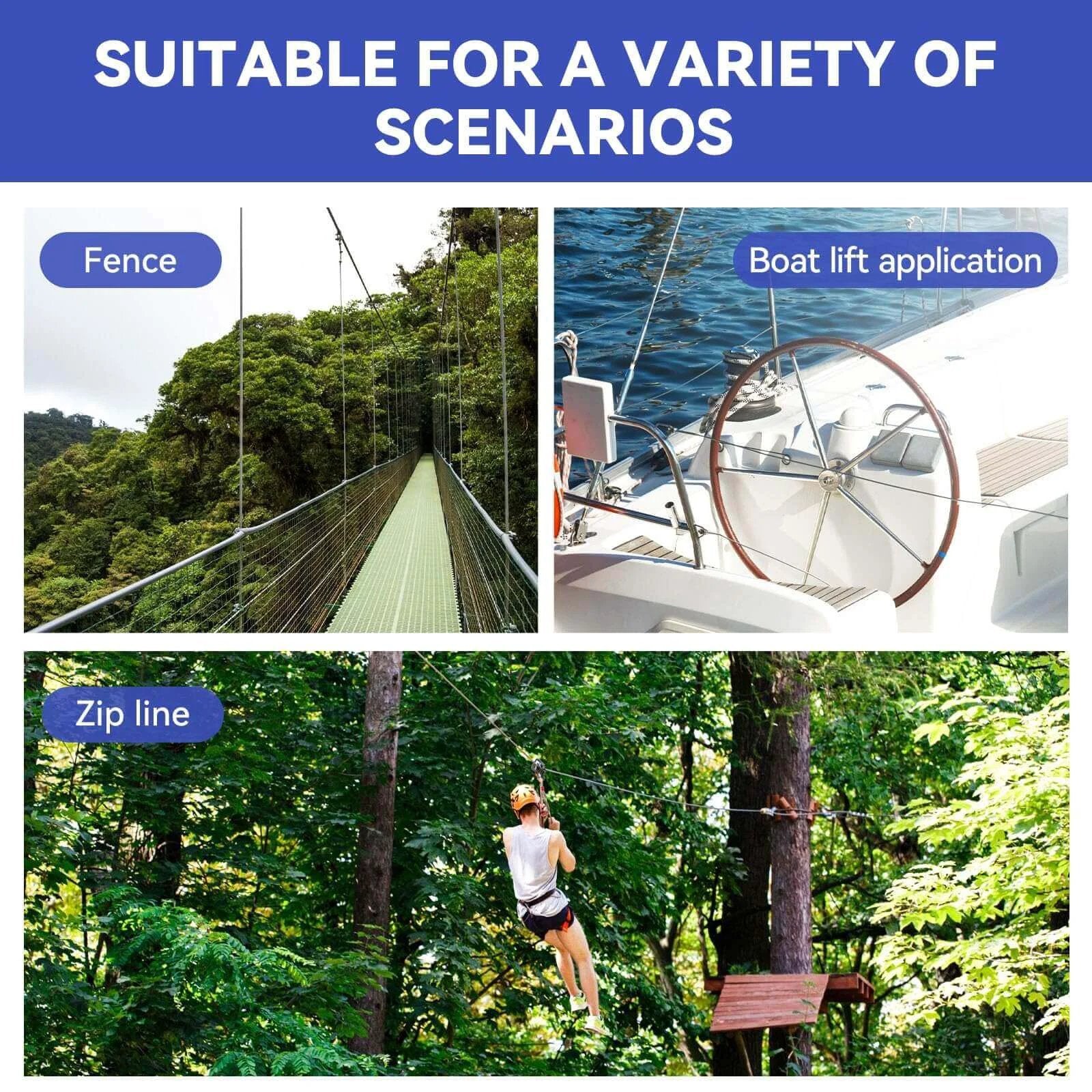 1/4" Stainless Steel Cable,7x19 Strand Aircraft Wire Rope,Cable for Heavy Duty Applications,Outdoor Pulley Cables,Deck Railing with Gloves,Breaking Strength 6400 Ibs,150FT shown in fence, boat lift, zip line scenarios.