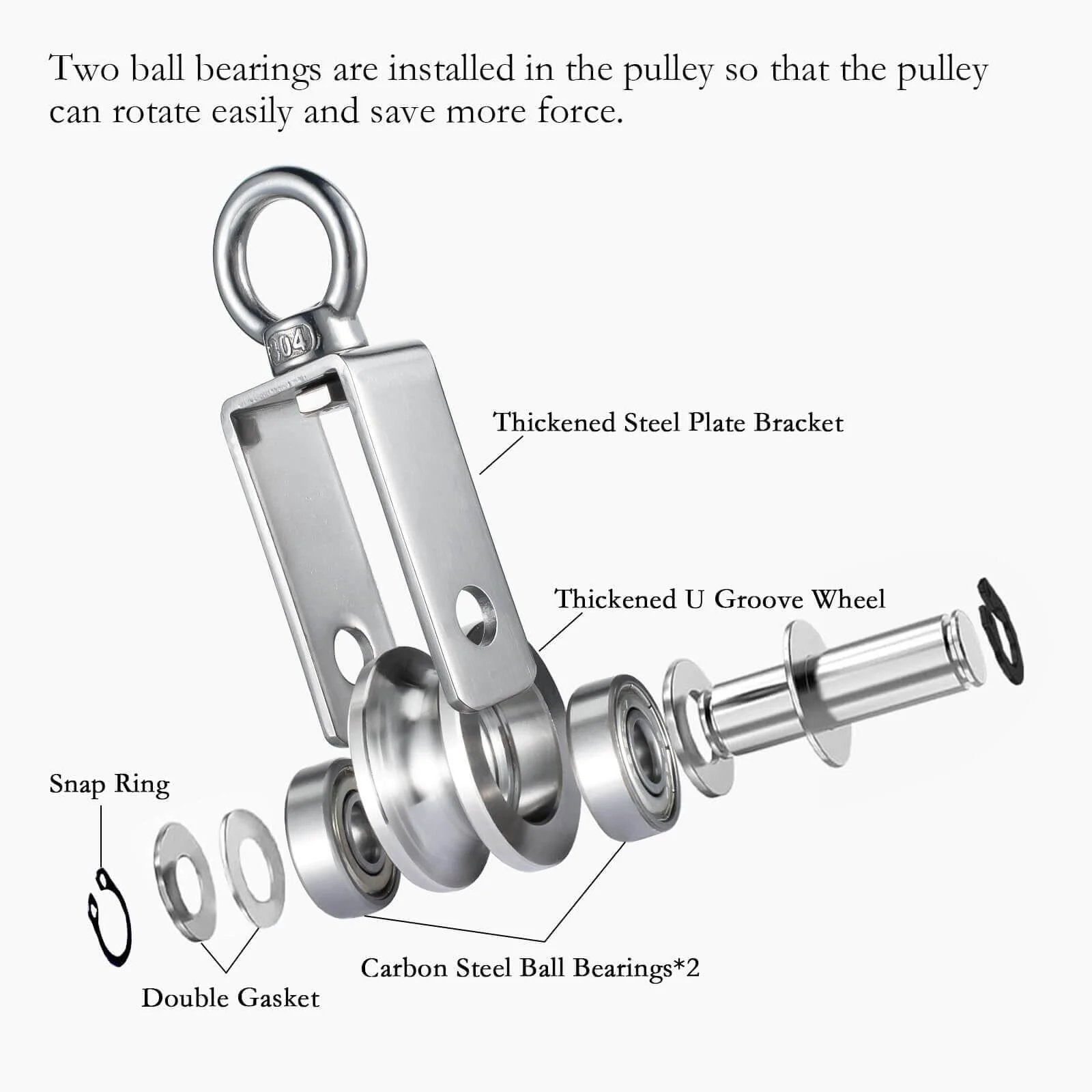 Exploded view of Cable Pulley Wheel Stainless Steel, Bearing Inside, Rope Pulley for Pulley System, Gym Equipment, Clothesline, 2 Pack