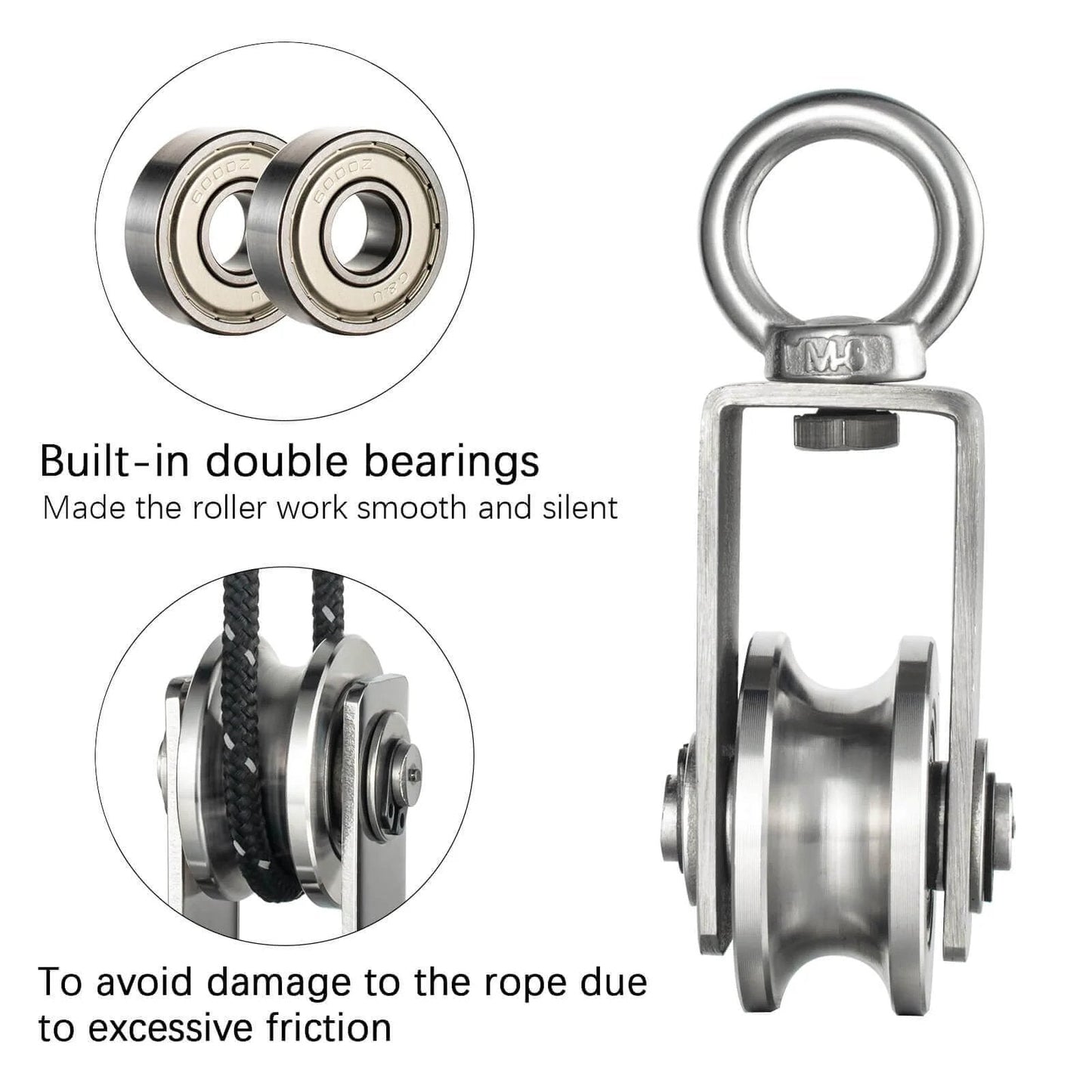 Detailed view of ✝️ Cable Pulley Wheel Stainless Steel, Bearing Inside, Rope Pulley for Pulley System, showing bearings and rope setup.