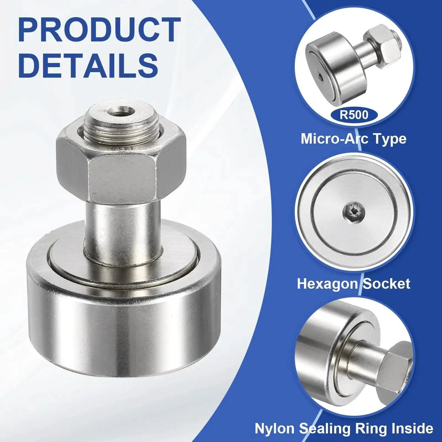 Cam Follower Track Runner Bearing CF20 KR52 304 Stainless Steel, hex socket, industrial bearing details with nylon sealing ring.