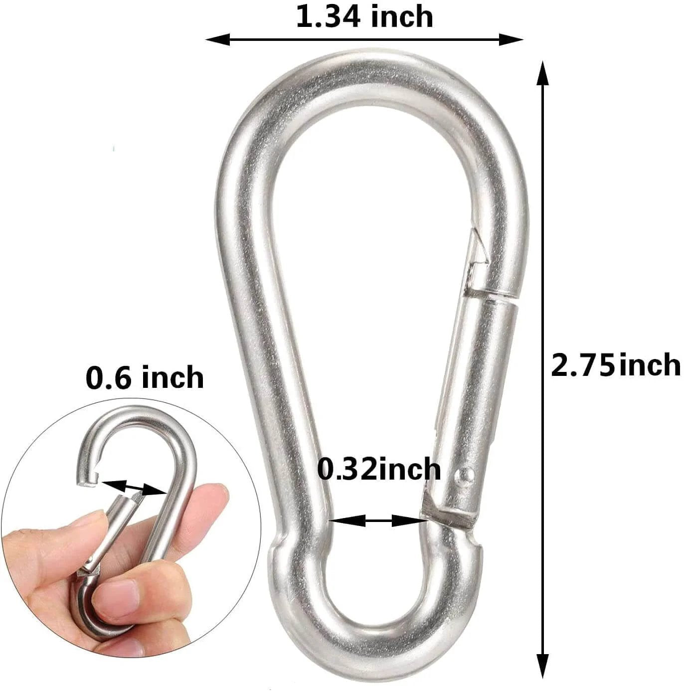 Stainless steel carabiner clip with measurements 2.75 inches length and 1.34 inches width, shown with a hand for size comparison.