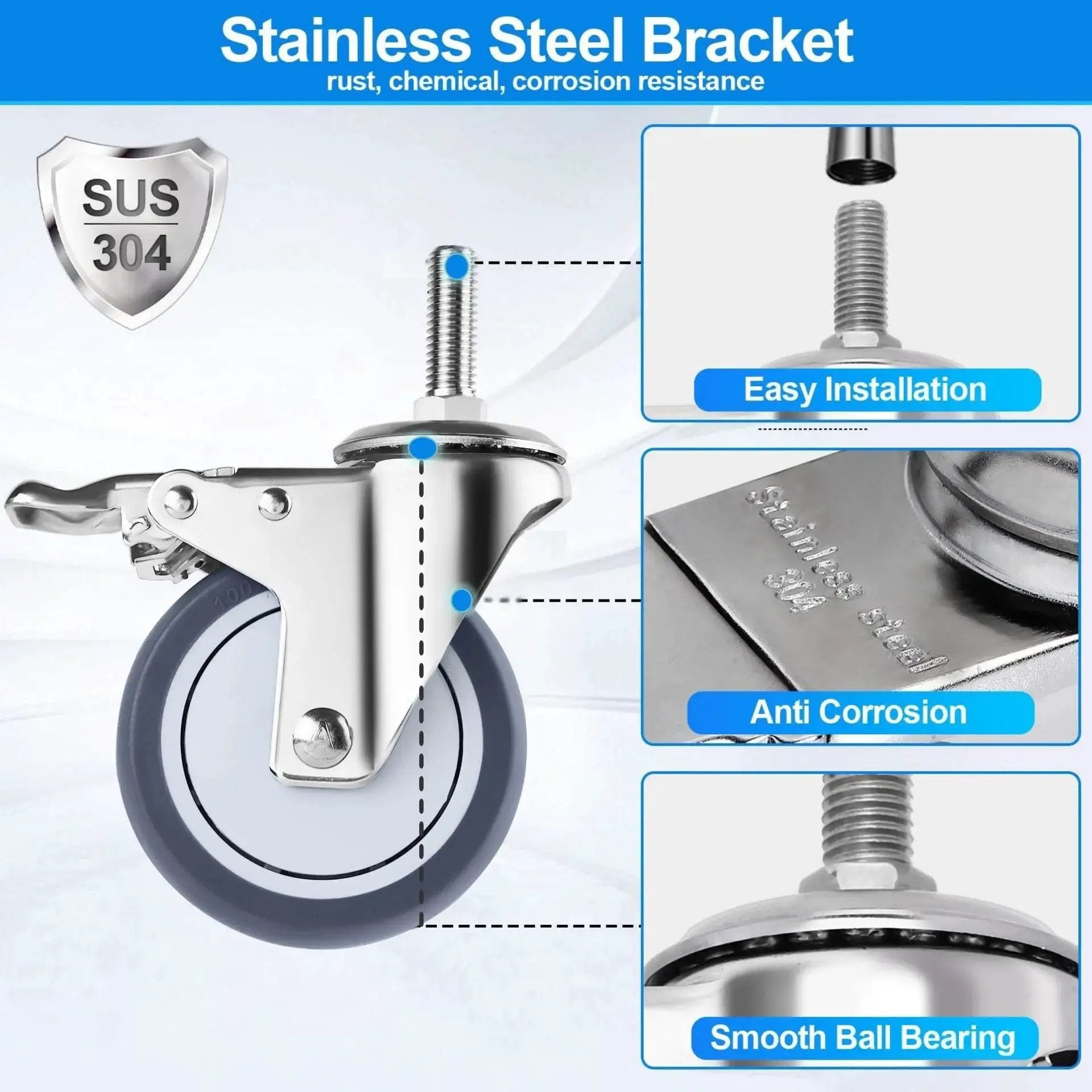 Four Inch Stainless Steel Caster Wheels With Brake, Rust Resistant Non Marking TPR Rubber, Threaded Stem Sizes Three Eighths By One Inch Or One Half By One And A Half Inches, Suitable For Hospital Lab Furniture And Restaurant, showing side view with bracket and brake mechanism