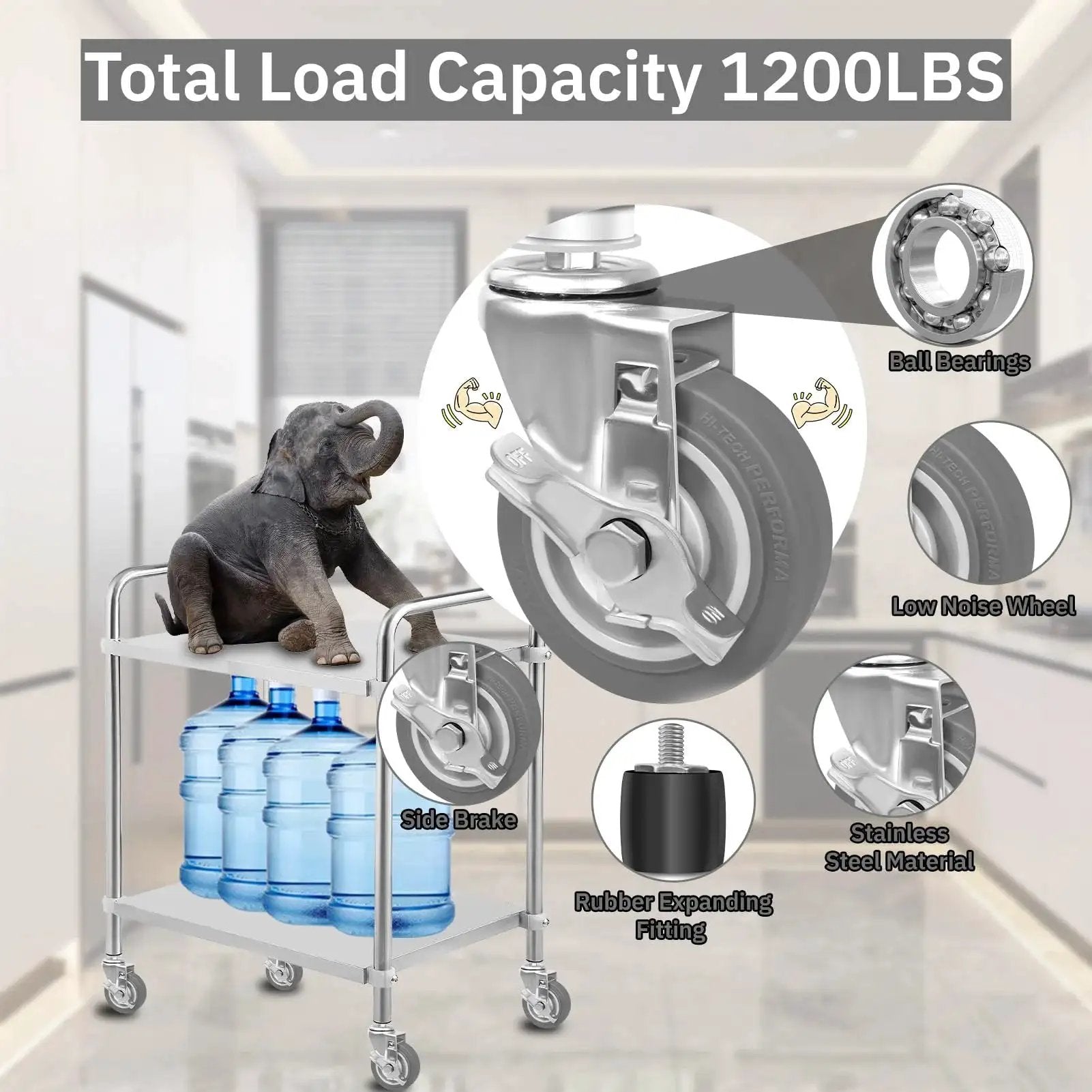 Expanding Stem Casters Set Of 4 With Brakes For Stainless Steel Worktables And Carts Fits One And One Half Inch To One And Five Eighths Inch ID Legs Swivel Castors Elevate Height By 5.1 Inches Load Capacity 1200 Lbs demonstrated on a cart with water bottles and a small elephant