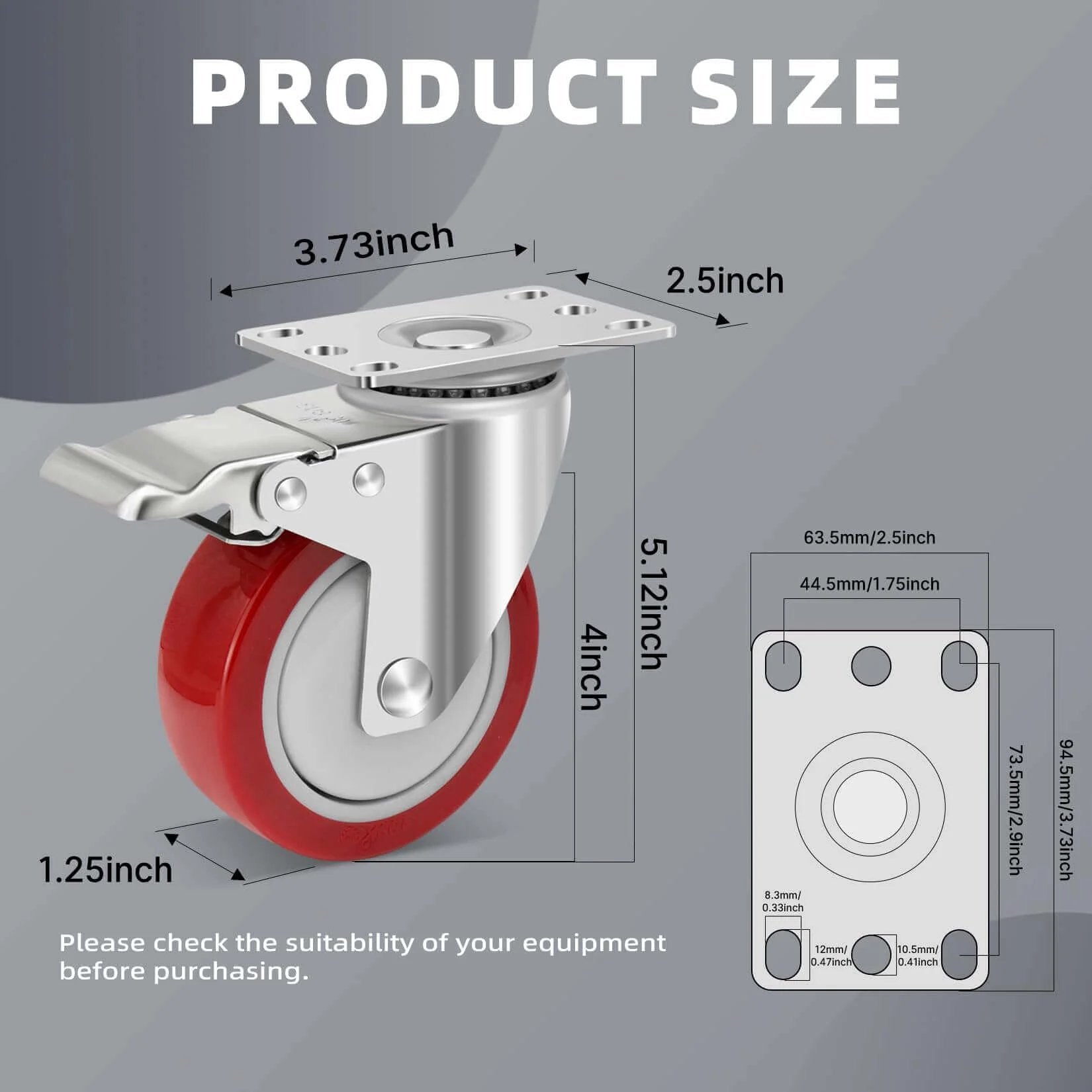 Stainless steel 4 inch heavy duty caster wheels with brakes, 304 rust proof swivel casters designed for industrial and sanitary use in a 4 pack, showing product size.