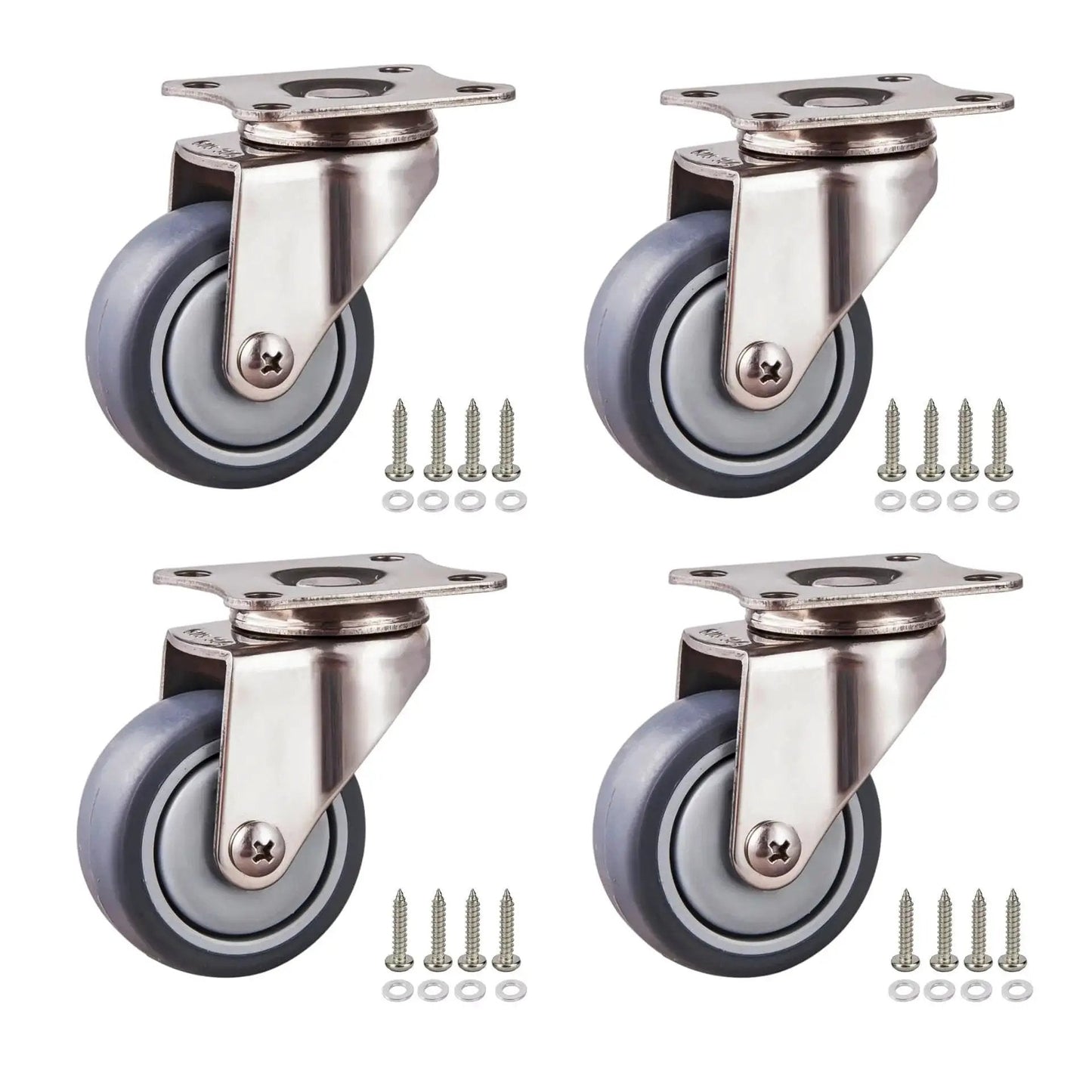 Stainless Steel Caster Wheels 2 Inch Set of 4 with 360 Degree Swivel Silent Non Marking Thermoplastic Rubber Wheels and screws