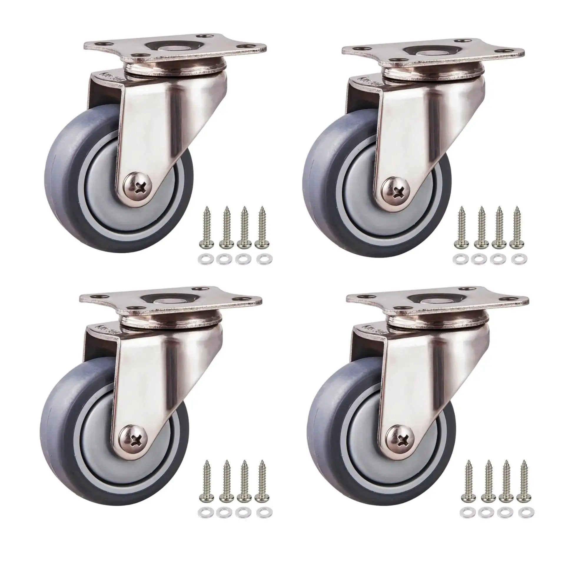 Stainless Steel Caster Wheels 2 Inch Set of 4 with 360 Degree Swivel Silent Non Marking Thermoplastic Rubber Wheels and screws