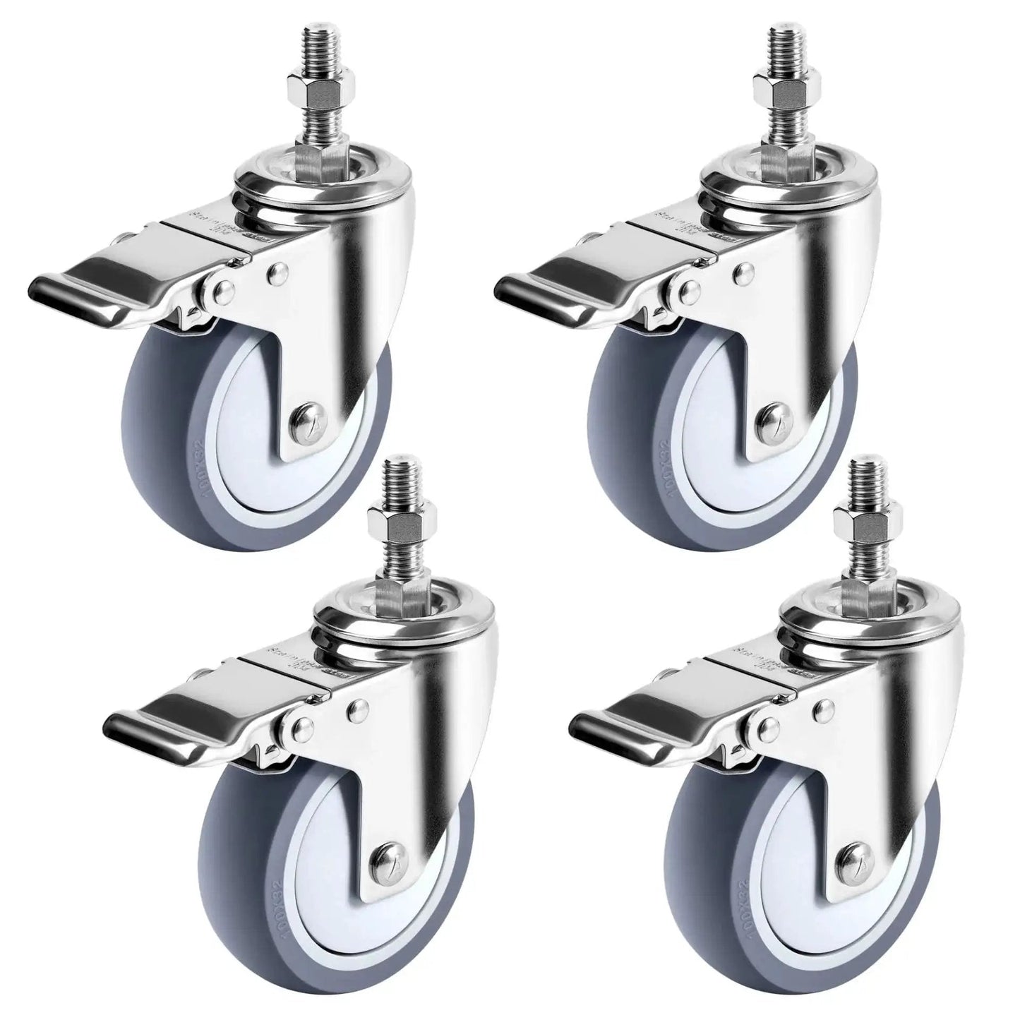 Four Inch Stainless Steel Caster Wheels With Brake, Rust Resistant Non Marking TPR Rubber, Threaded Stem Sizes Three Eighths By One Inch Or One Half By One And A Half Inches, Suitable For Hospital Lab Furniture And Restaurant.