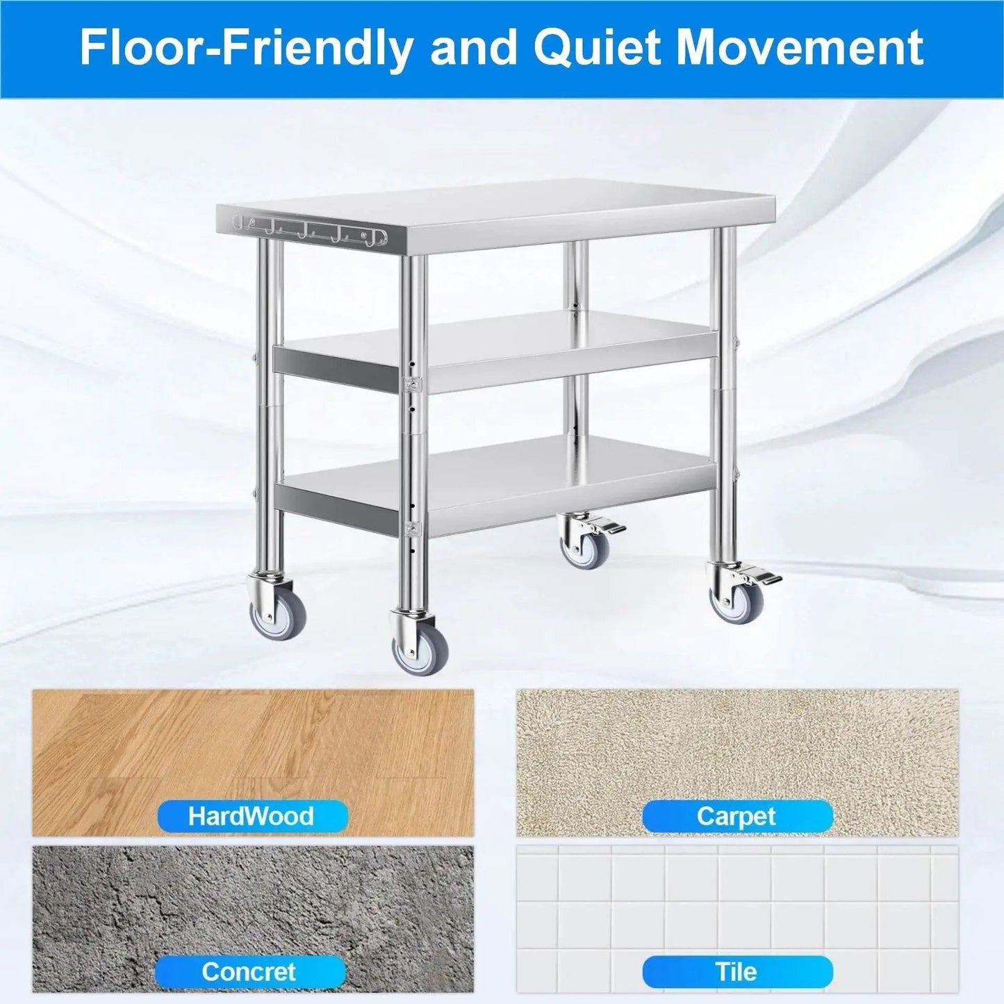 Four Inch Stainless Steel Caster Wheels With Brake on kitchen cart, suitable for various floors like hardwood, carpet, and tile