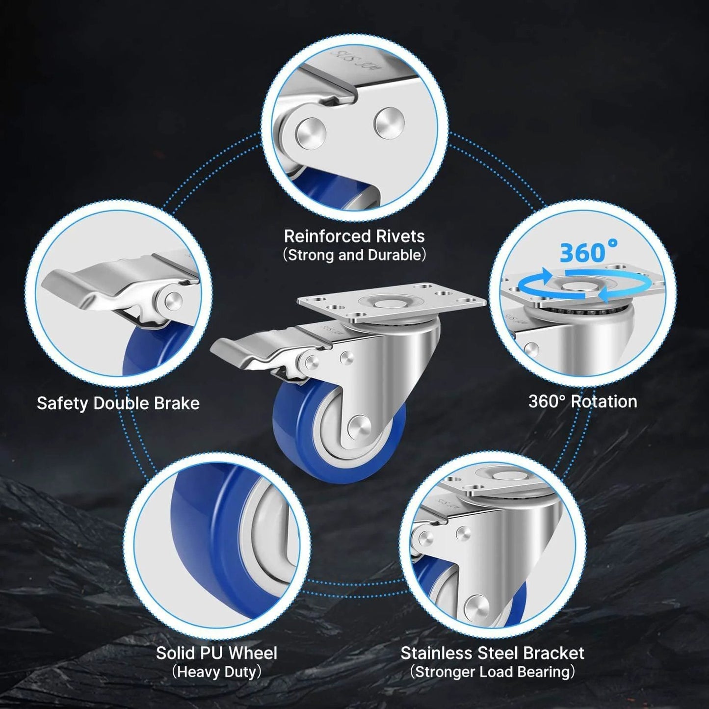 Stainless steel 3 inch caster wheels with brakes, showcasing features like reinforced rivets and solid PU wheel.