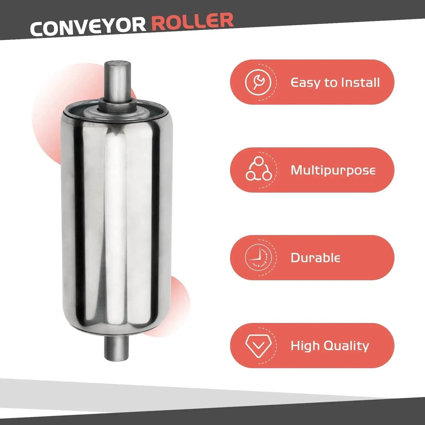 Two Pack Stainless Steel Conveyor Rollers, 2 Inch Diameter By 4 Inch Length, front view with installation benefits listed.
