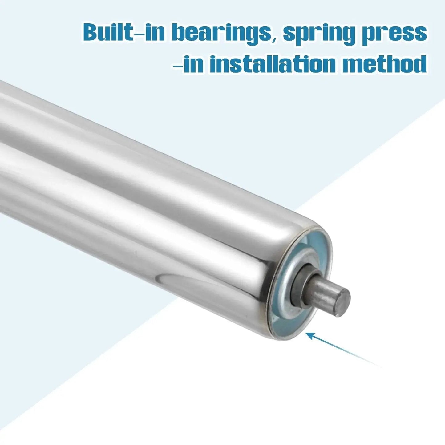 Close-up of stainless steel conveyor roller with galvanized end for assembly lines. Stainless Steel Conveyor Roller 2 Inch Diameter 14 Inch Length Heavy Duty Gravity Transmission Pro Grade Replacement Part With Galvanized End Silver Finish For Assembly Lines Warehouses And Manufacturing.