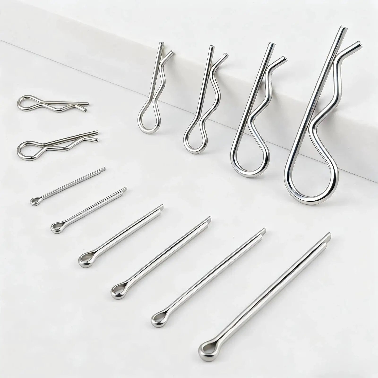 All Purpose Cotter Pin Kit With 283 Pcs In 304 Stainless Steel 16 Sizes Of Straight Pins And 129 R Clips, displayed on white background