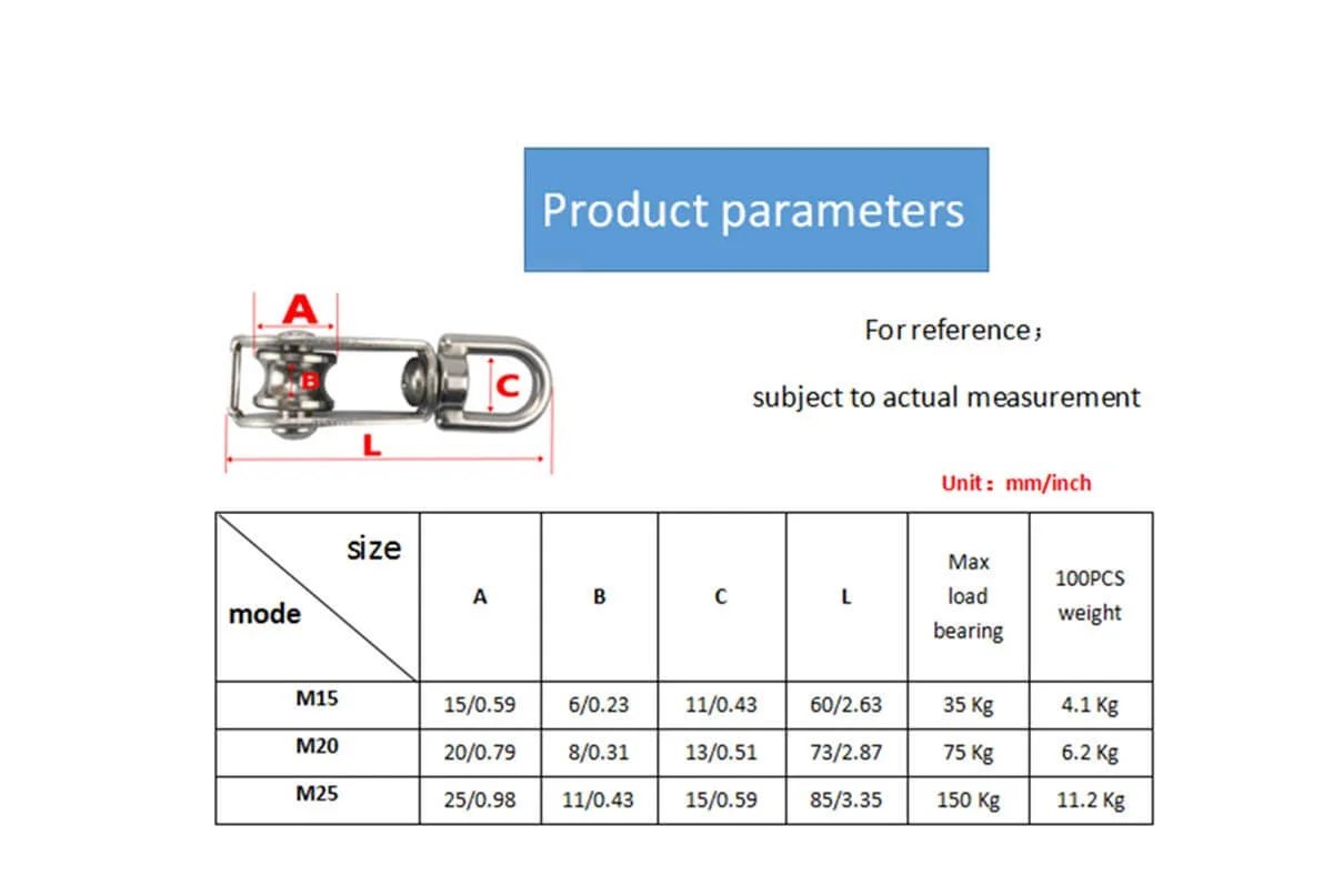 Product parameters table for Stainless Steel Wire Rope Crane Pulley Block M15 Lifting Crane Swivel Hook Single Pulley Block.