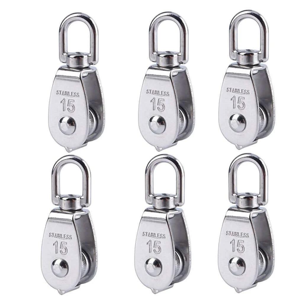 Front view of six Stainless Steel Wire Rope Crane Pulley Block M15 Lifting Crane Swivel Hook Single Pulley Block, made of 304 stainless steel.