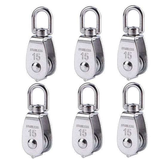 Front view of six Stainless Steel Wire Rope Crane Pulley Block M15 Lifting Crane Swivel Hook Single Pulley Block, made of 304 stainless steel.