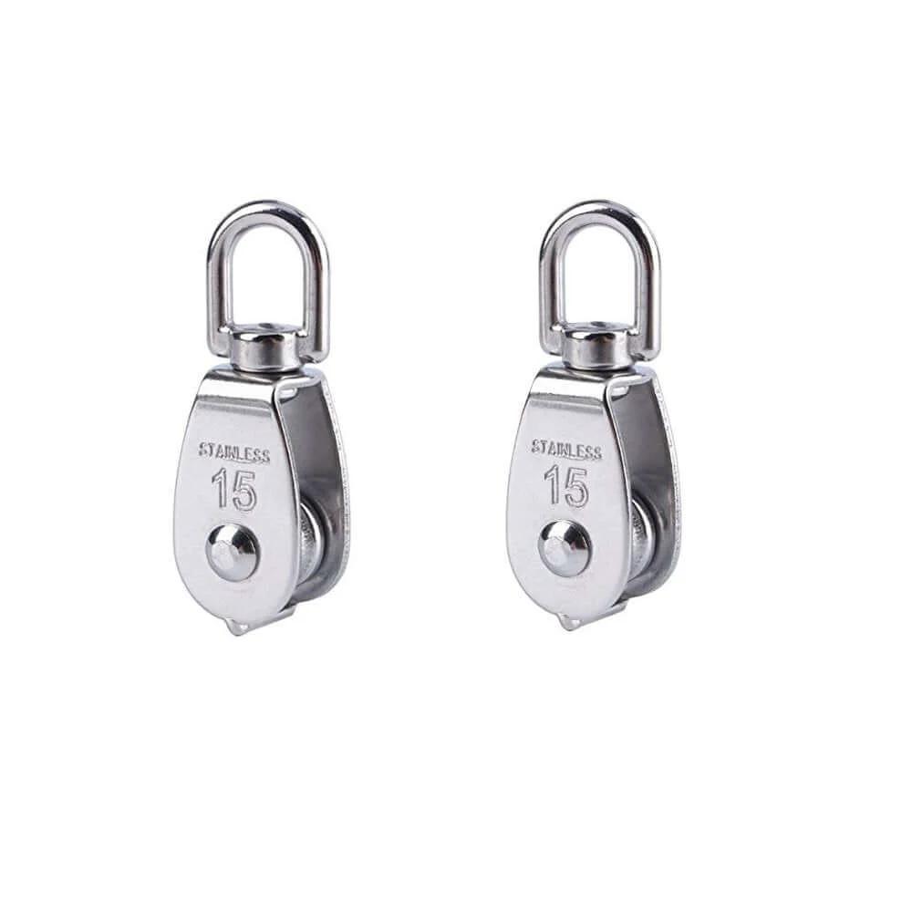 Front view of two Stainless Steel Wire Rope Crane Pulley Block M15 Lifting Crane Swivel Hook Single Pulley Block Hanging Wire Towing Wheel