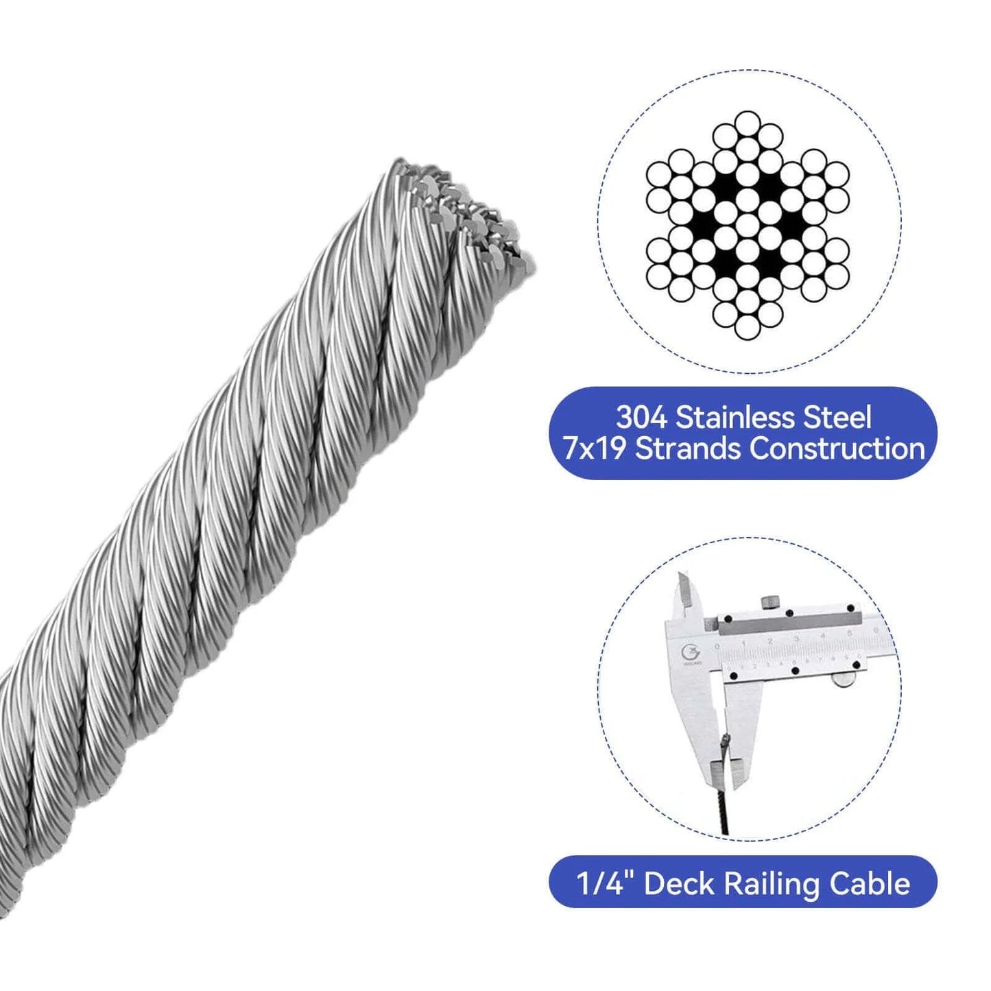 Close-up of 1/4" Stainless Steel Cable,7x19 Strand Aircraft Wire Rope,Cable for Heavy Duty Applications,Outdoor Pulley Cables,Deck Railing