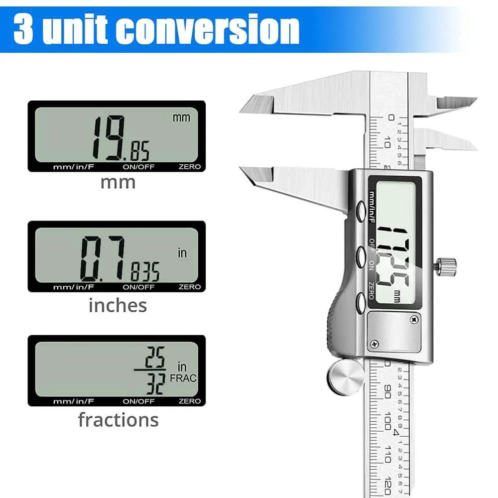 Digital Caliper Measuring Tool, Stainless Steel Vernier Caliper Digital Micrometer with Large LCD Screen showing inch, mm, fraction