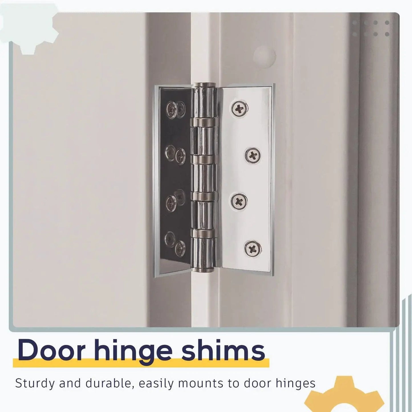 Durable Stainless Steel Door Hinge Shims Set With 20 Pieces 4 Inch Silver for quick door repair and squeak free hinges installed.
