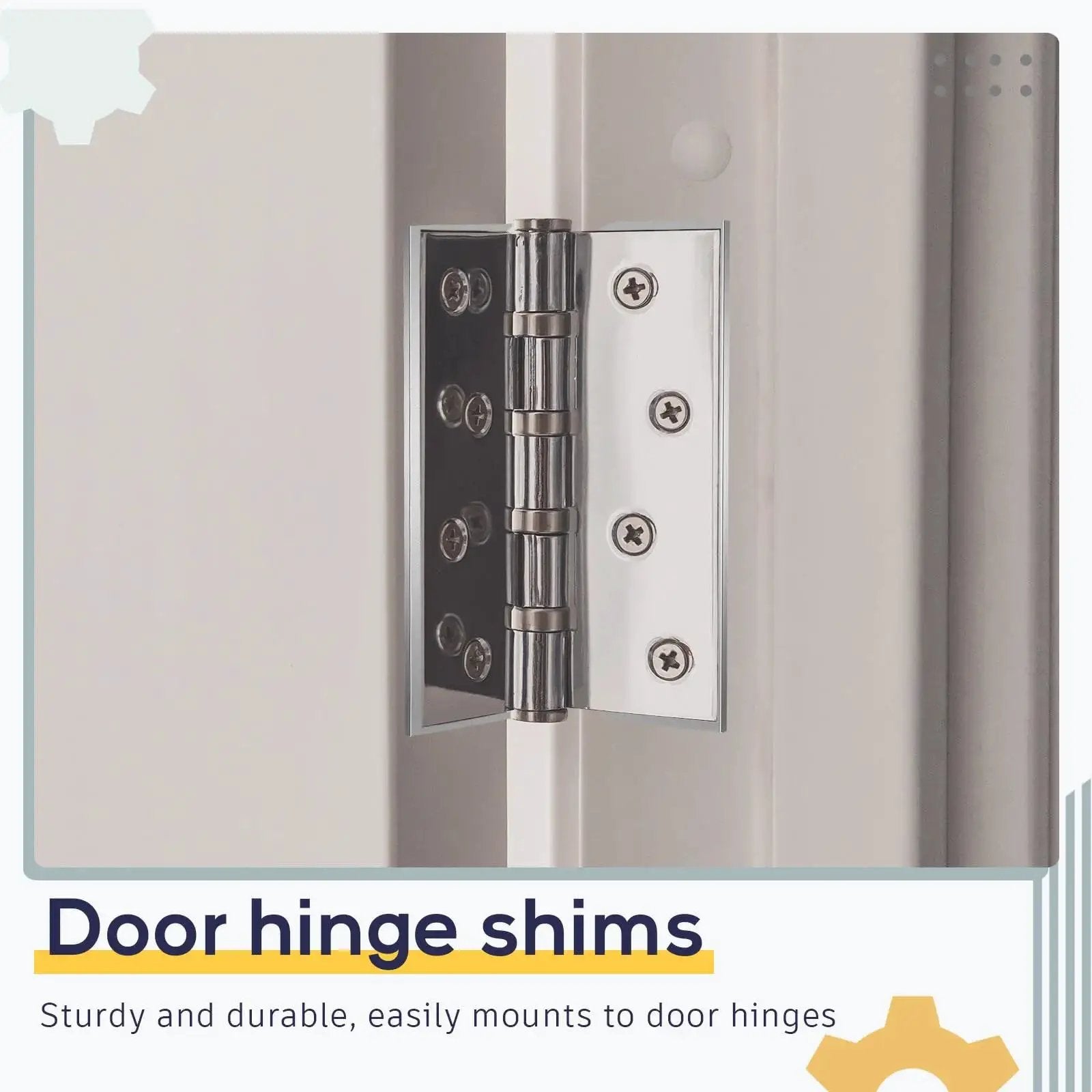 Durable Stainless Steel Door Hinge Shims Set With 20 Pieces 4 Inch Silver for quick door repair and squeak free hinges installed.
