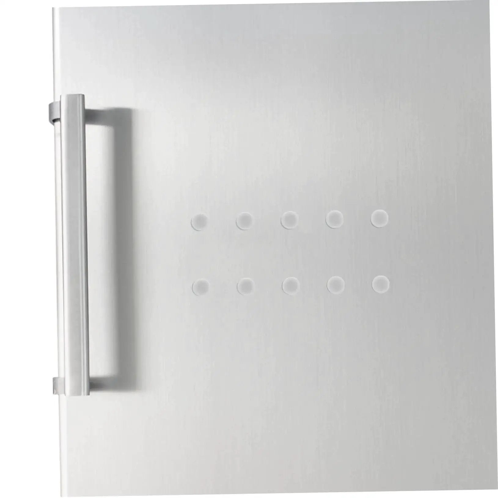 Stainless steel door panel with vertical handle, featuring a sleek, modern design and visible circular indentations.