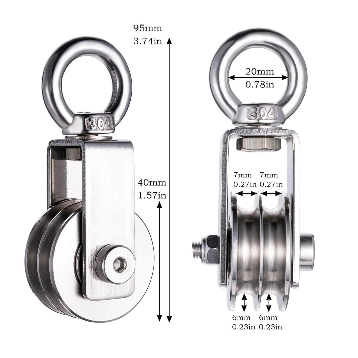 Front and side view of SHINICO Double Cable Pulley Block Heavy Duty Stainless Steel, Bearing Inside, Swivel Single Pulley Wheel, Loading 550lb, 1 Pack showcasing dimensions and details.
