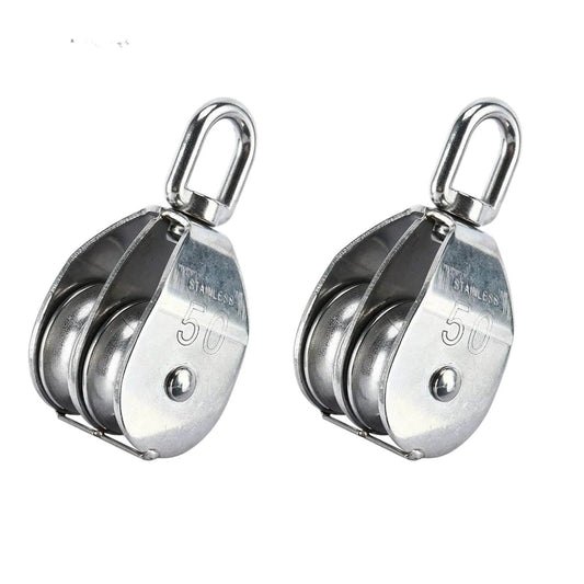 2-Pack M50 Lifting Double Pulley Block 304 Stainless Steel Crane Rotary Hook Double Pulley Loading M50 Double Pulley