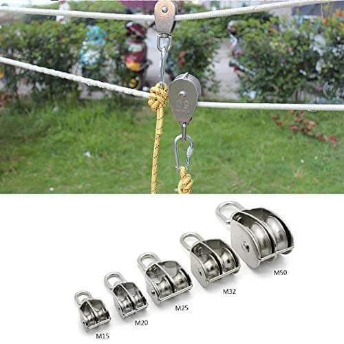 M15 Double Pulley Block Stainless Steel Heavy Duty Hardware Double Wheel Swivel Rigging Lifting Wheel Fixed Pulley for Wire Rope Loading 35kg