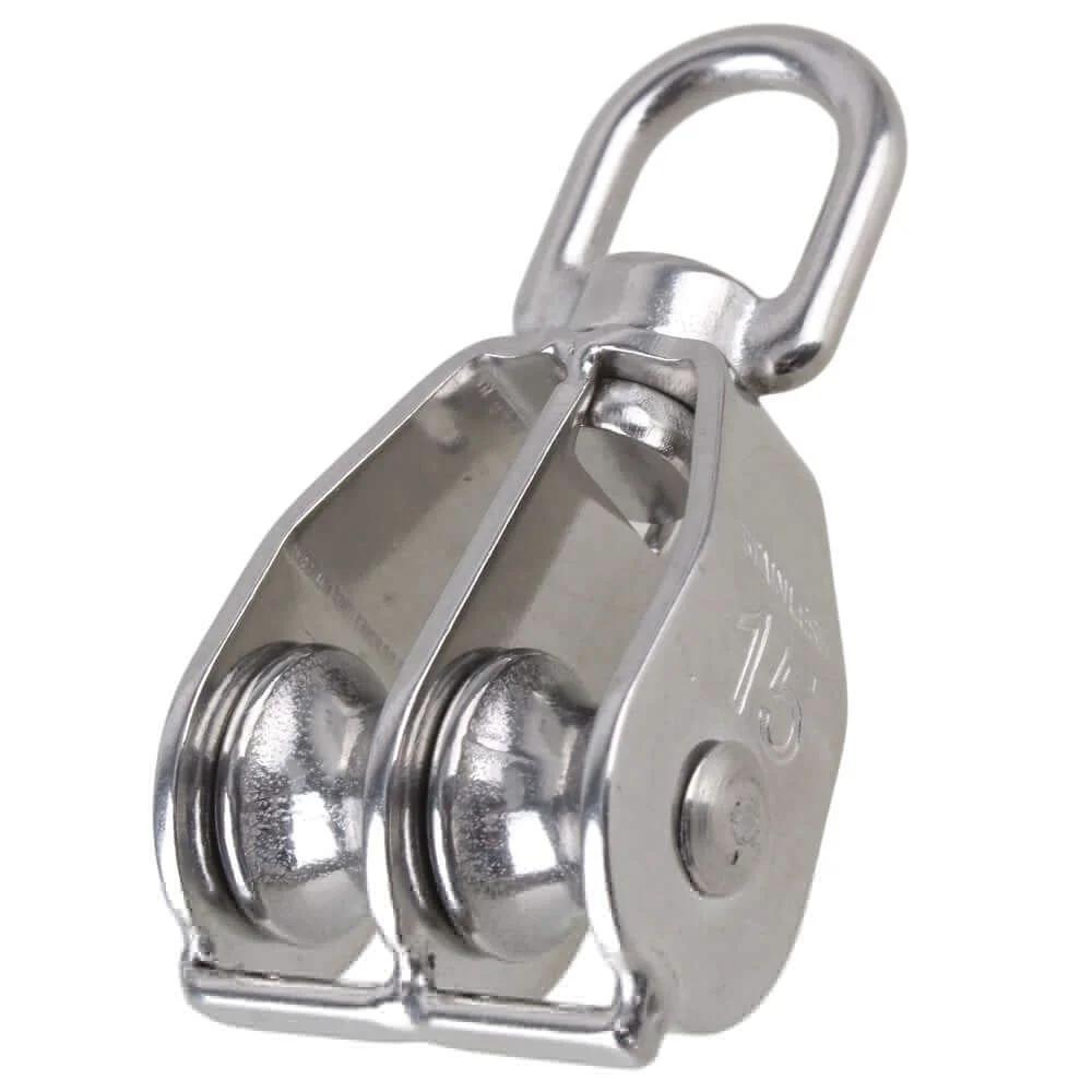 M15 Double Pulley Block Stainless Steel Heavy Duty Hardware Double Wheel Swivel Rigging Lifting Wheel Fixed Pulley for Wire Rope Loading 35kg