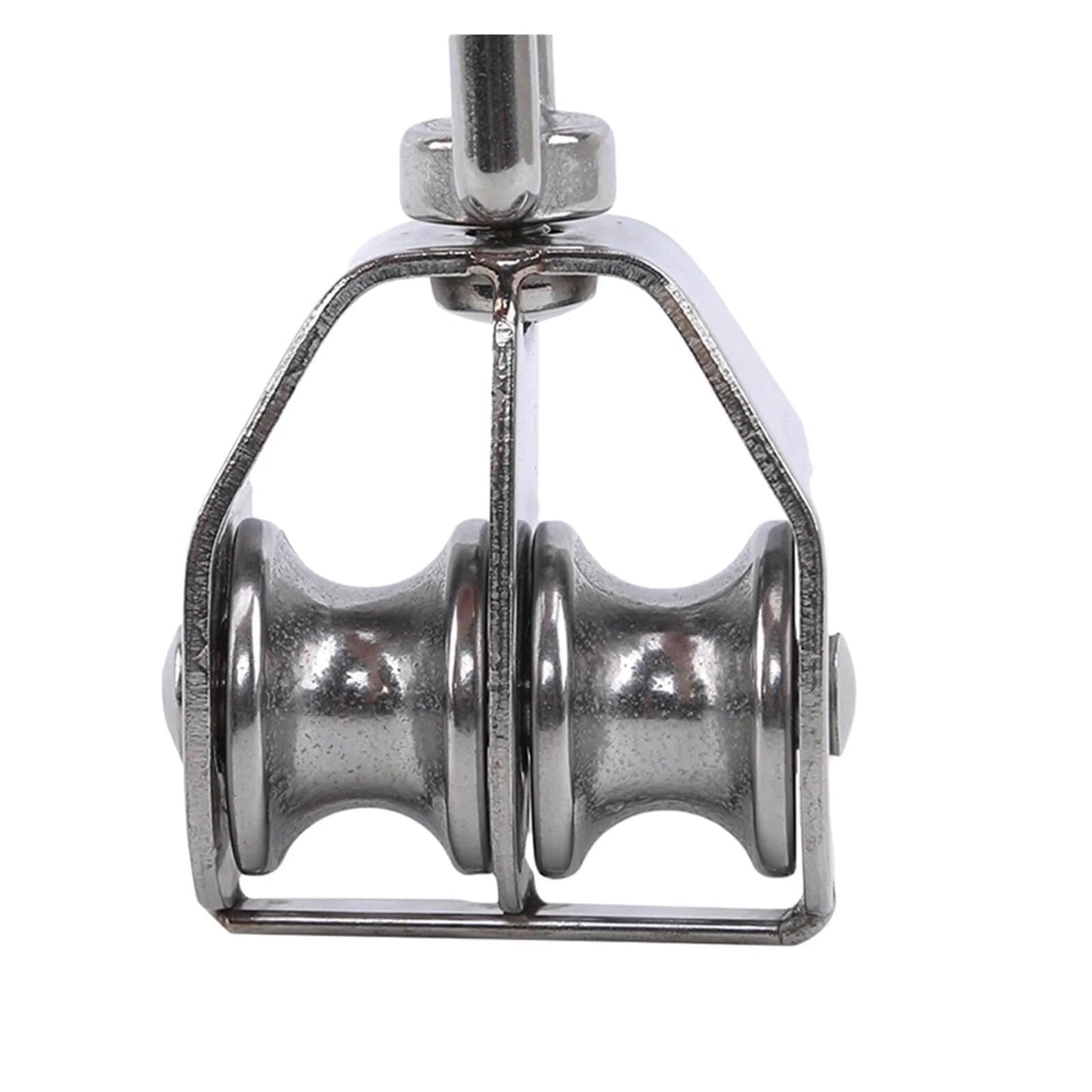 Close-up of M25 Stainless Steel Pulley Single/Double Wheel Swivel Lifting Rope Pulley Set with two wheels.