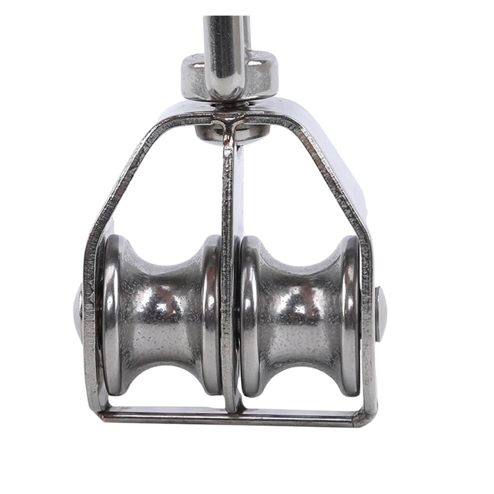 Close-up of M25 Stainless Steel Pulley Single/Double Wheel Swivel Lifting Rope Pulley Set with two wheels.