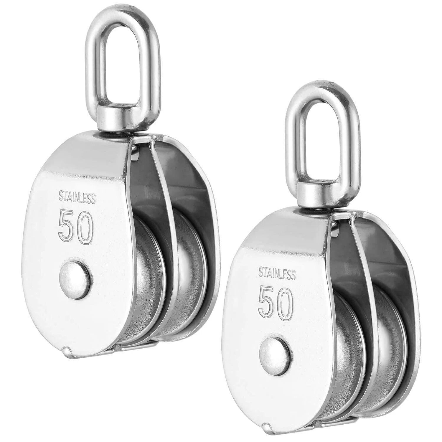 M50 Double Pulley Block Set - 304 Stainless Steel Pack of 2 shown from the front with swivel hooks for efficient lifting use.
