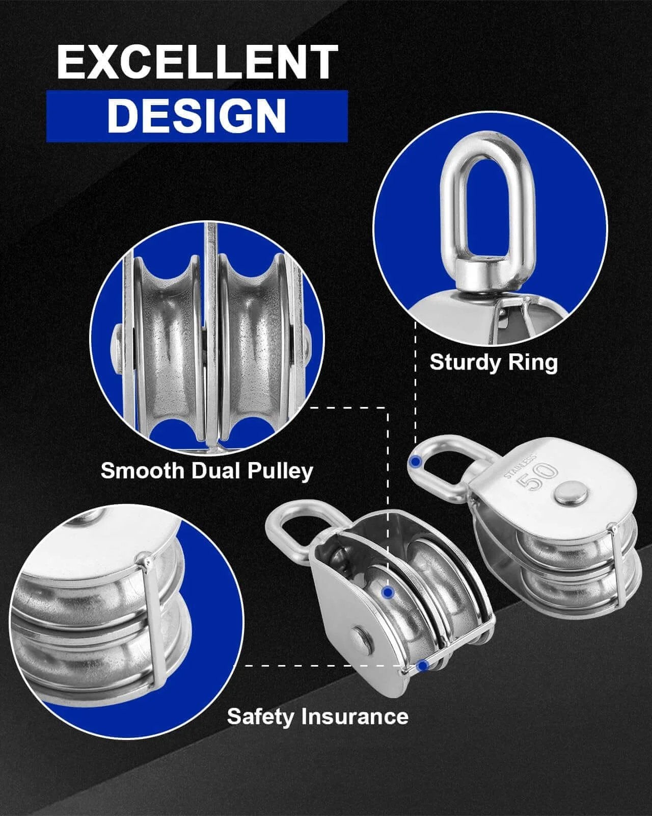 M50 Double Pulley Block Set - 304 Stainless Steel Pack of 2, showing smooth dual pulleys and swivel hook design for lifting operations.