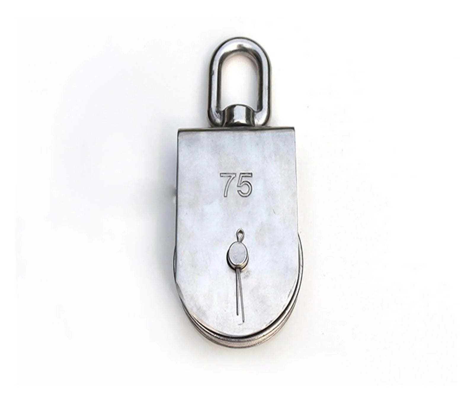 Front view of M15 stainless steel double-sheave pulley block with swivel top for rope & cord systems, made from corrosion-resistant 304 stainless steel.