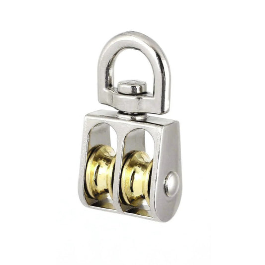13mm Diameter Stainless Steel Double Sheave Swivel Eye Rope Pulley with brass wheels, front view