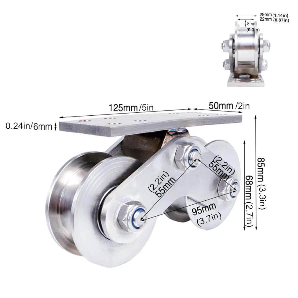 Stainless steel Double Wheel Track Pulley, High Load Bearing, with Slot Width 22mm for Industrial Mechanical use, front view.