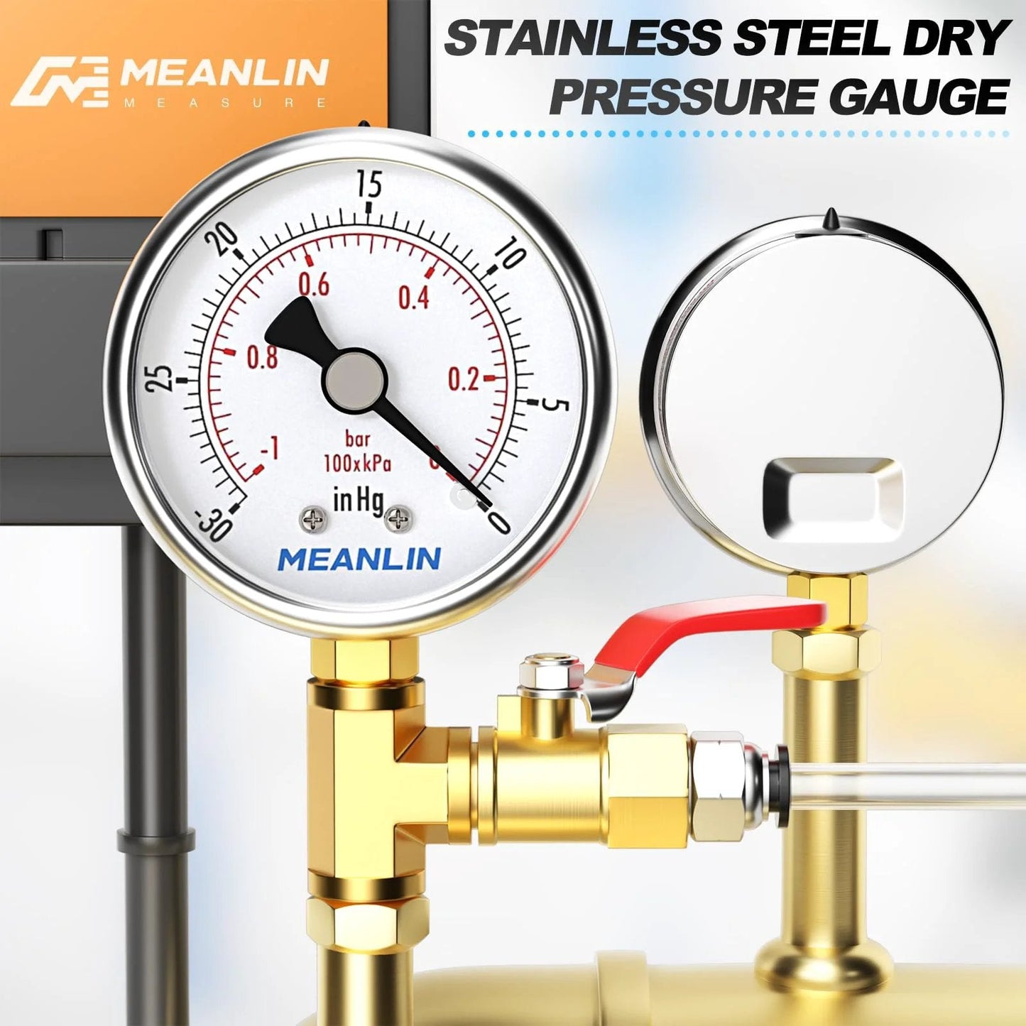 Stainless Steel Dry Pressure Gauge One Quarter Inch NPT Two Inch Dial Lower Mount for Negative Pressure Up To Zero Psi And Down To Minus Thirty InHg waterproof for HVAC systems showing front view.