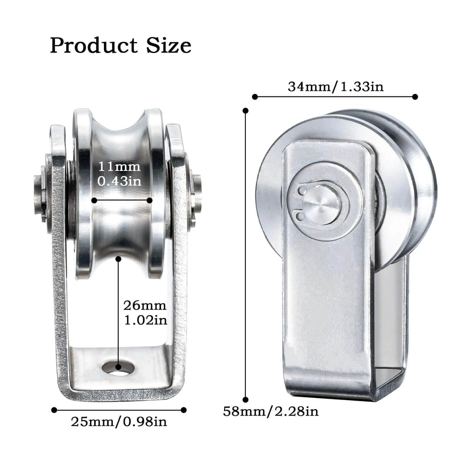 Dual-bearing cable pulley wheel set for rope systems, wall or ceiling mounted, quiet operation using two 608 bearings, stainless steel