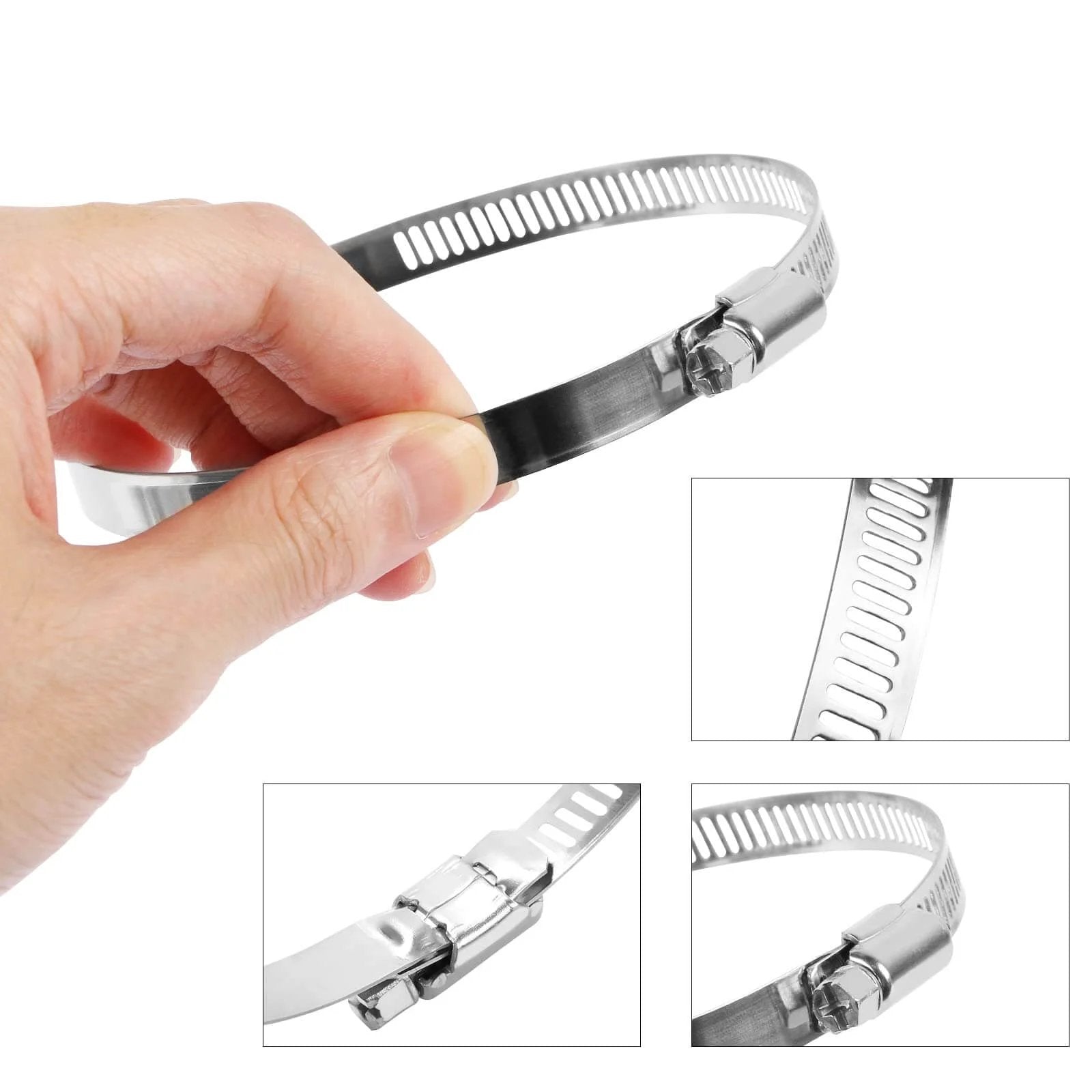 Stainless Steel 6 Inch Duct Hose Clamp Adjustable Diameter 140 To 160mm Worm Drive Clamp in hand, close-up view.