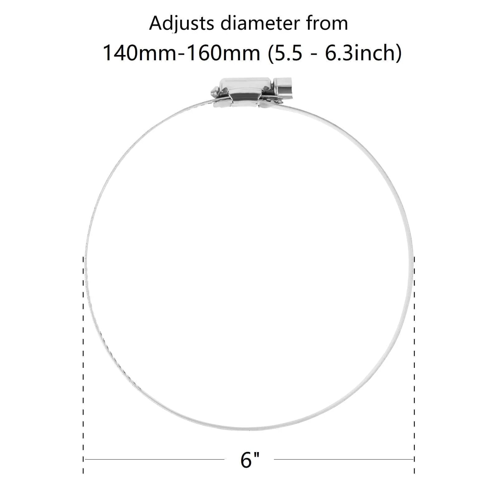Stainless Steel 6 Inch Duct Hose Clamp Adjustable Diameter 140 To 160mm Worm Drive Clamp shown in front view