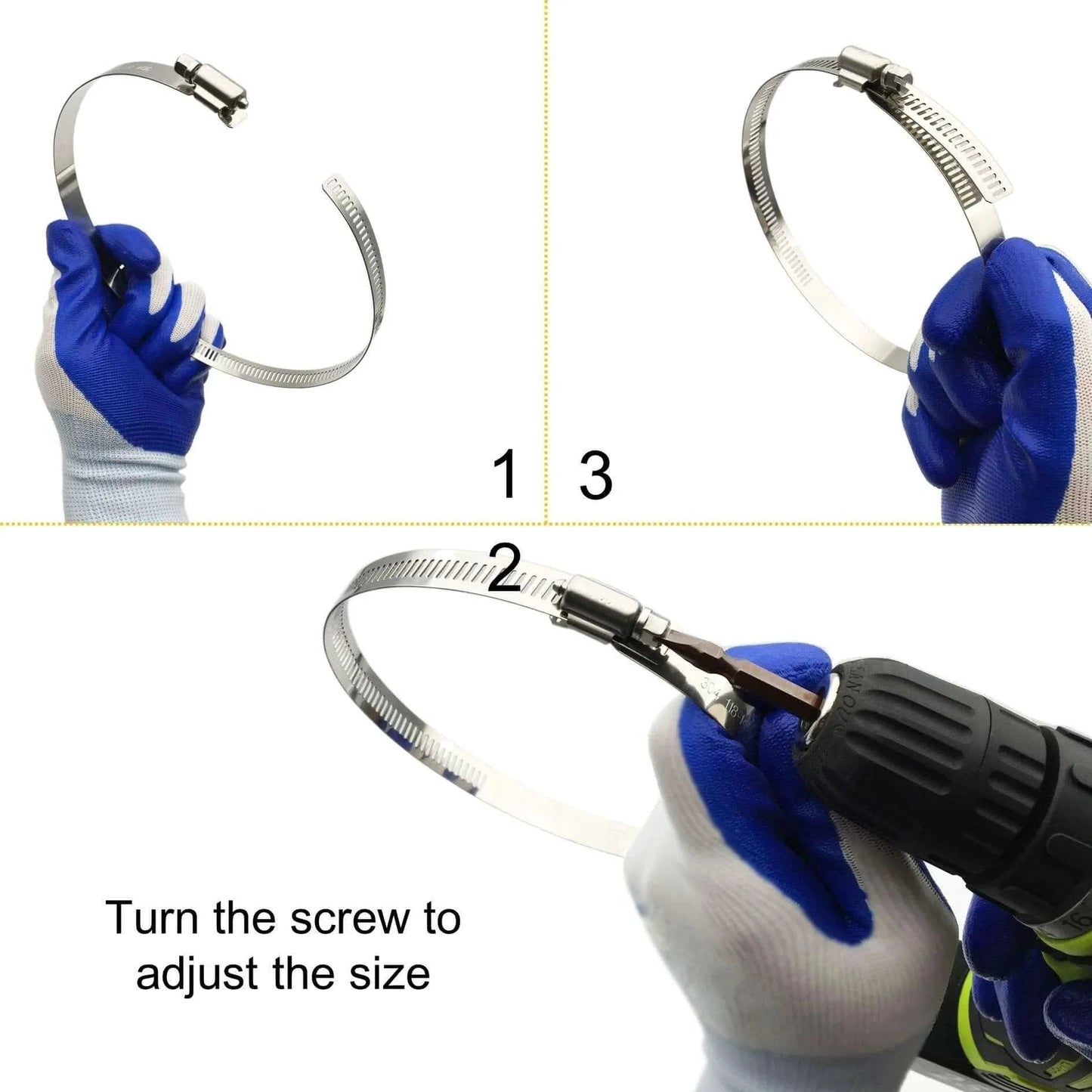 Person adjusting Adjustable 304 Stainless Steel Duct Clamps Set For 4 Inch Hoses Fits 3.5 To 4.5 Inch Air Ducting Pipe Fittings.