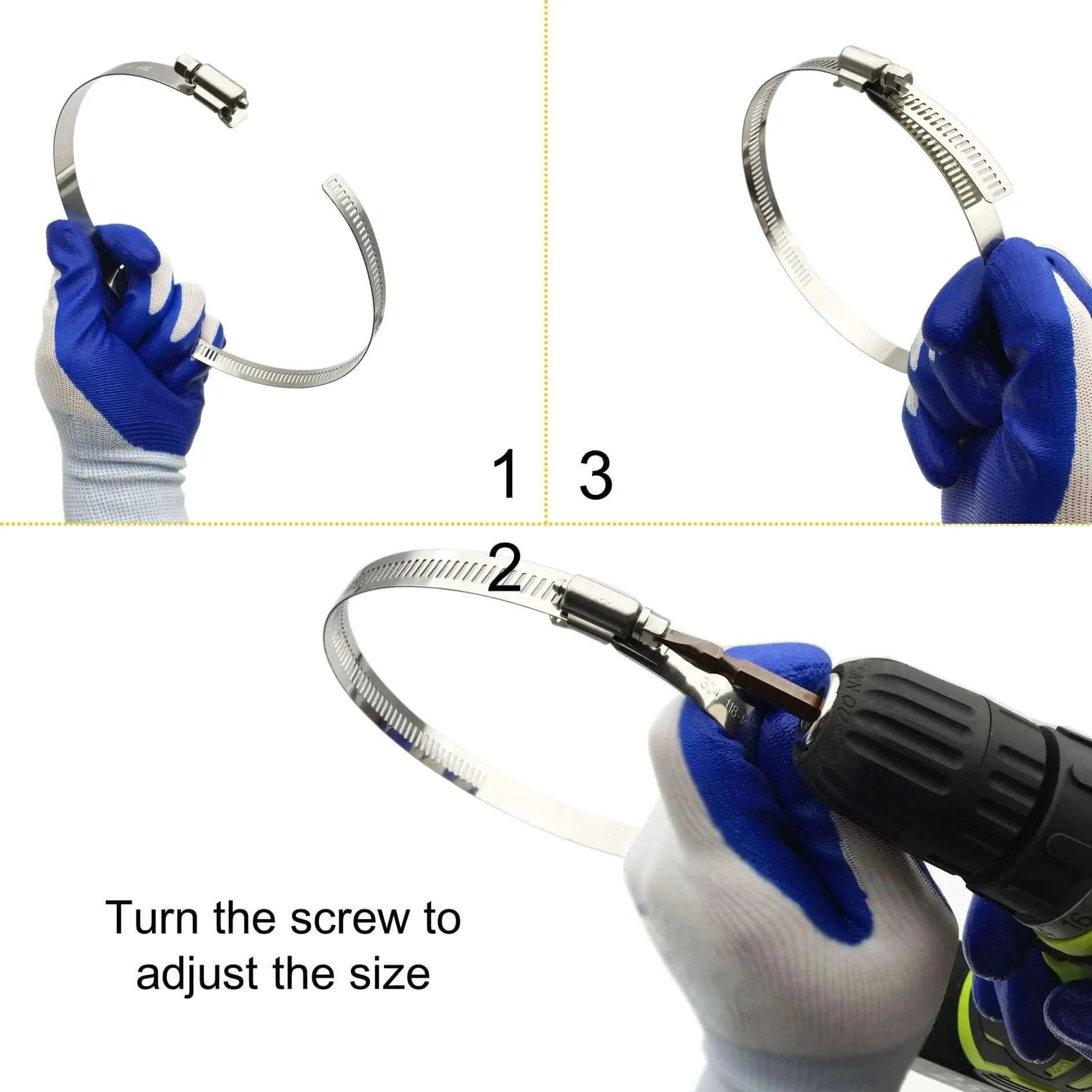 Person adjusting Adjustable 304 Stainless Steel Duct Clamps Set For 4 Inch Hoses Fits 3.5 To 4.5 Inch Air Ducting Pipe Fittings.