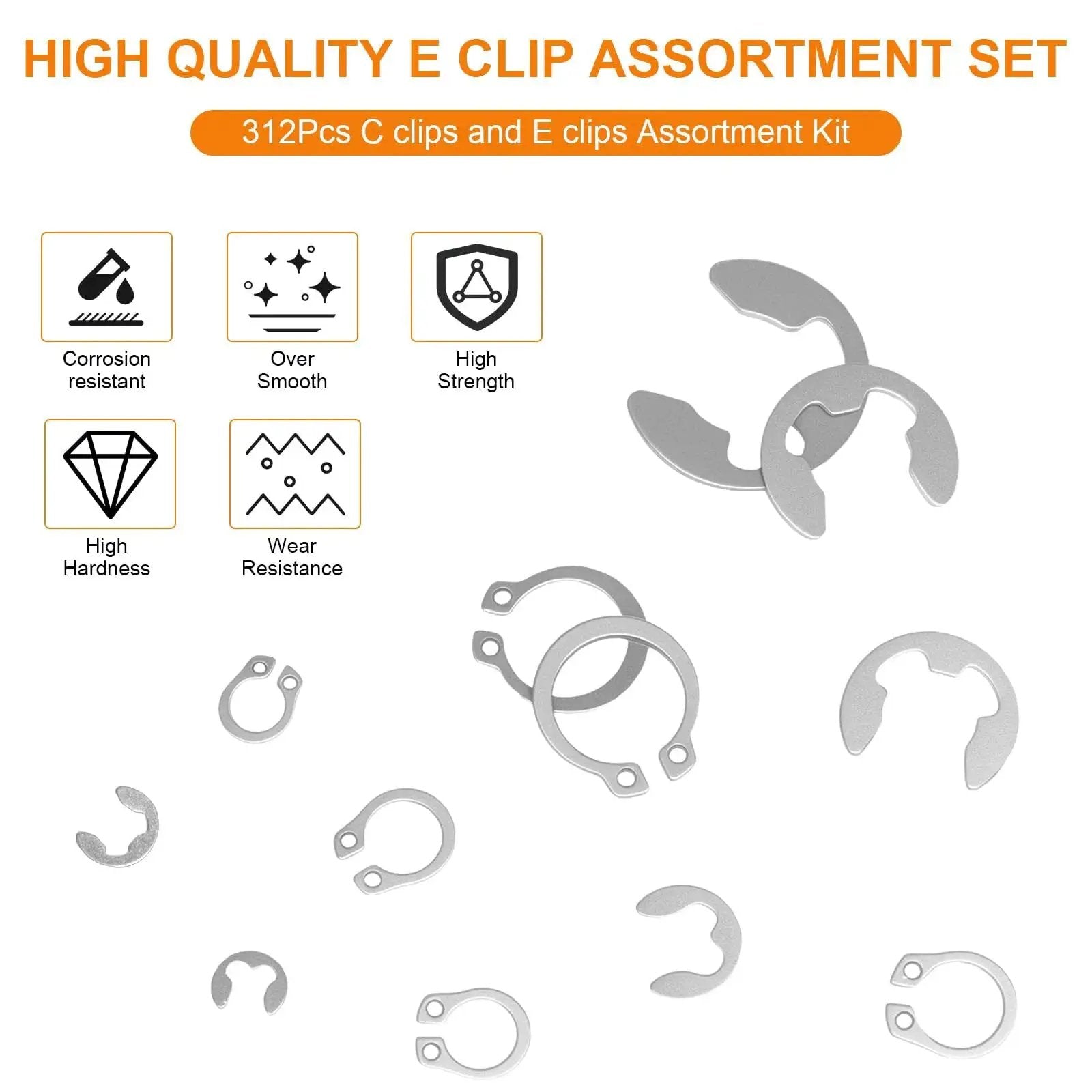 High quality 312 piece retaining ring kit with E clips and external C clips in 304 stainless steel for mechanical projects.